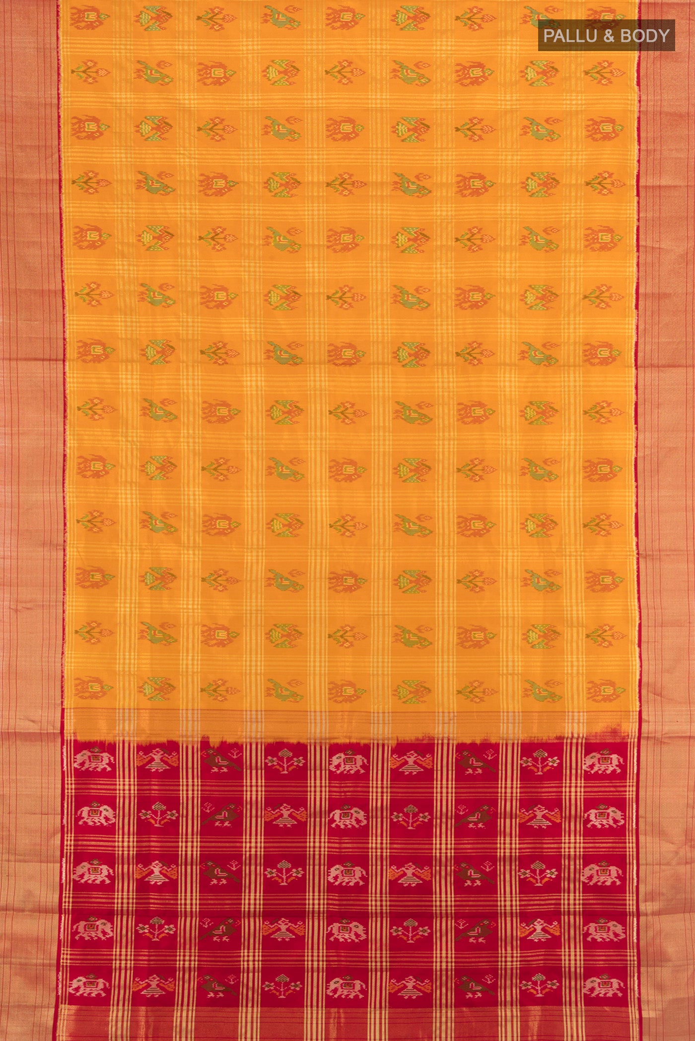 Flat view of Mustard Pochampally Silk Saree with Ikat design on the body and Zari Border. 