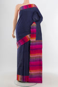 Navy Blue Pochampally Silk Saree with Plain Body and Plain Border.  displayed on a mannequin
