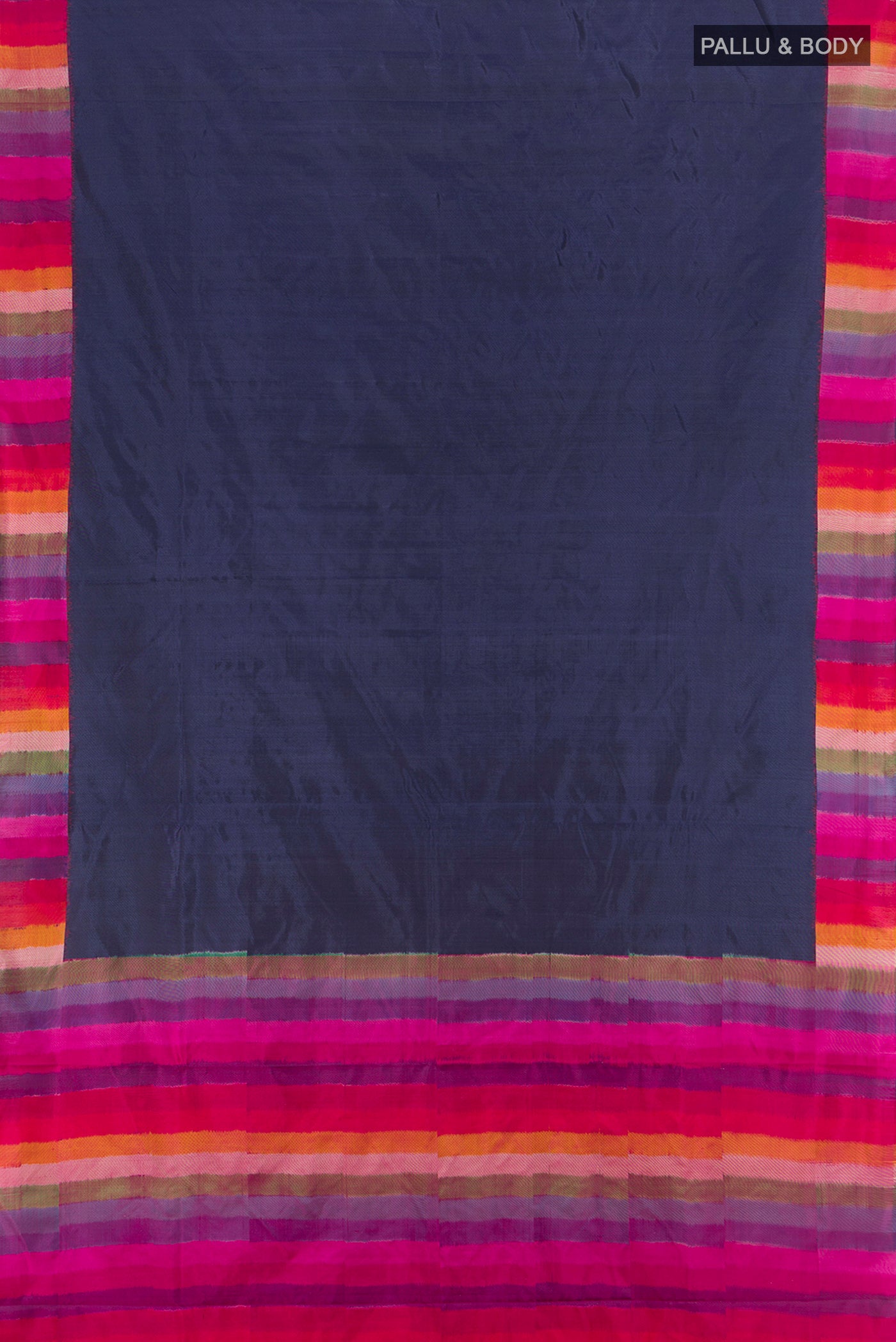Flat view of Navy Blue Pochampally Silk Saree with Plain Body and Plain Border. 