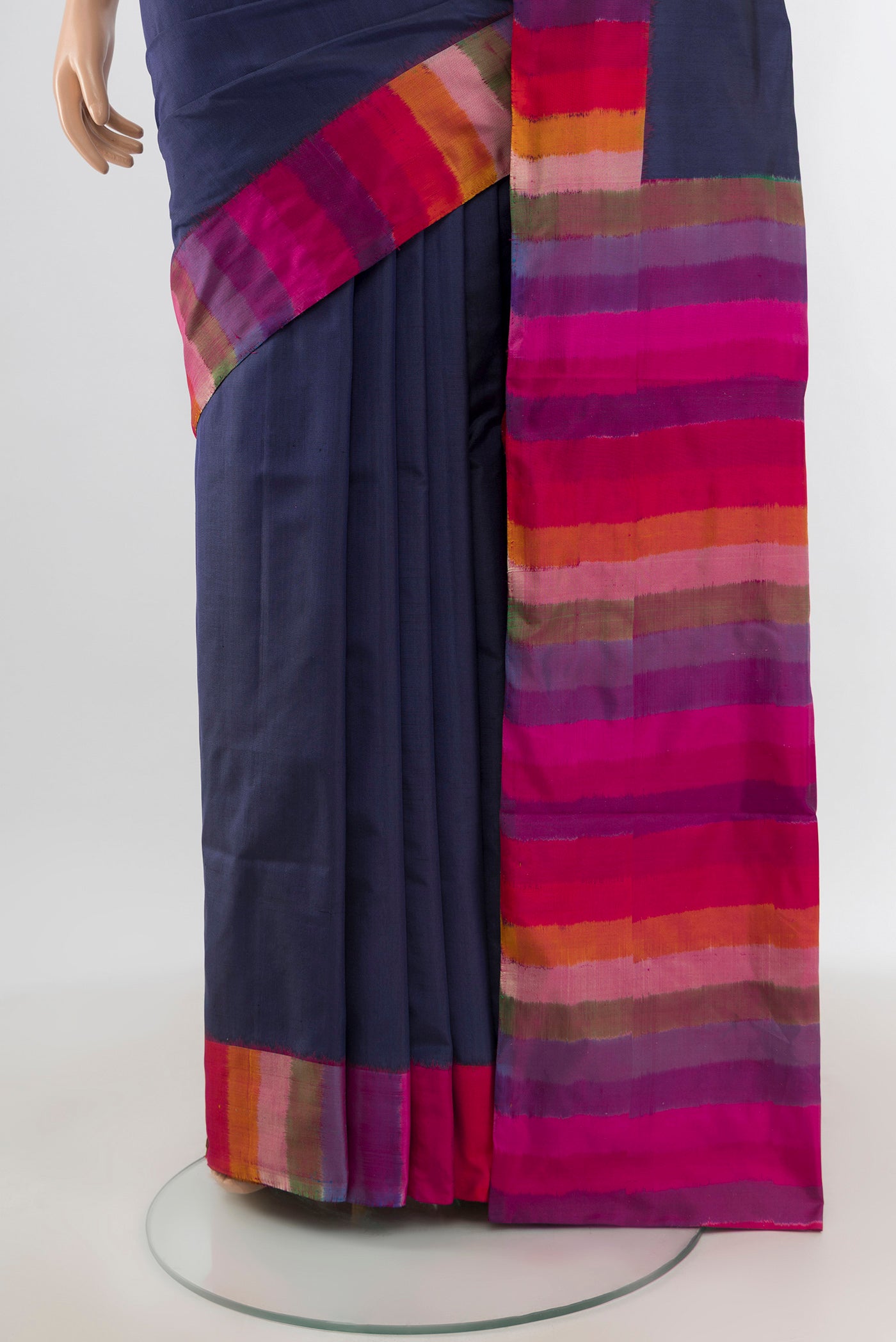 Pleats and pallu of Navy Blue Pochampally Silk Saree with Plain Body and Plain Border. 