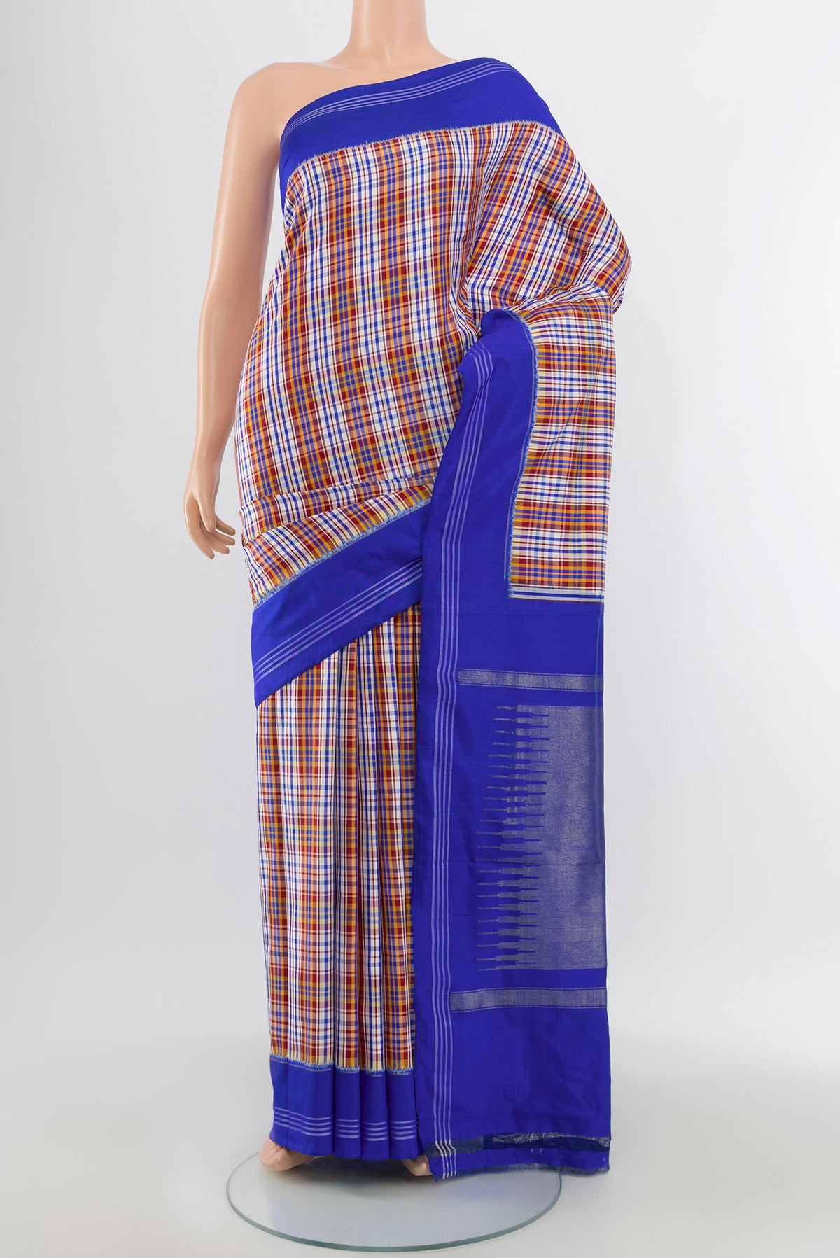 Multi Color Pochampally Silk Saree with Checked design on the body and Plain Border.  displayed on a mannequin