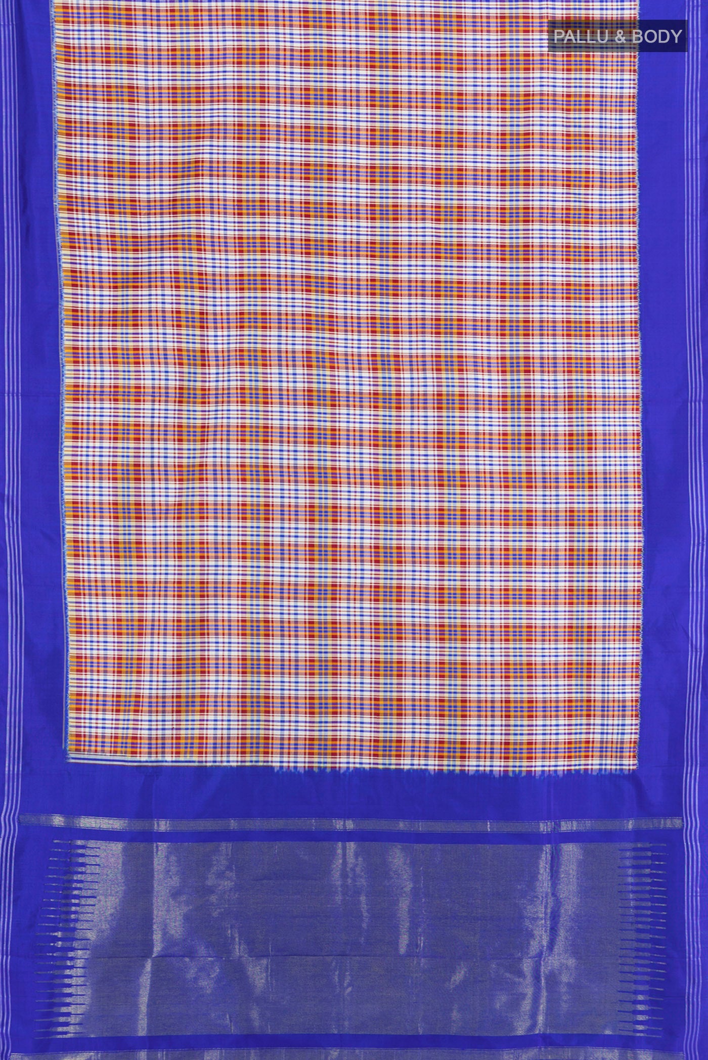 Flat view of Multi Color Pochampally Silk Saree with Checked design on the body and Plain Border. 