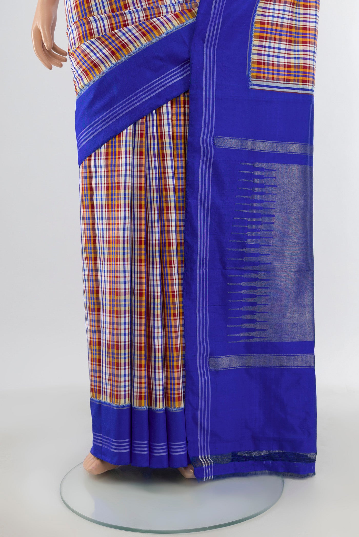 Pleats and pallu of Multi Color Pochampally Silk Saree with Checked design on the body and Plain Border. 