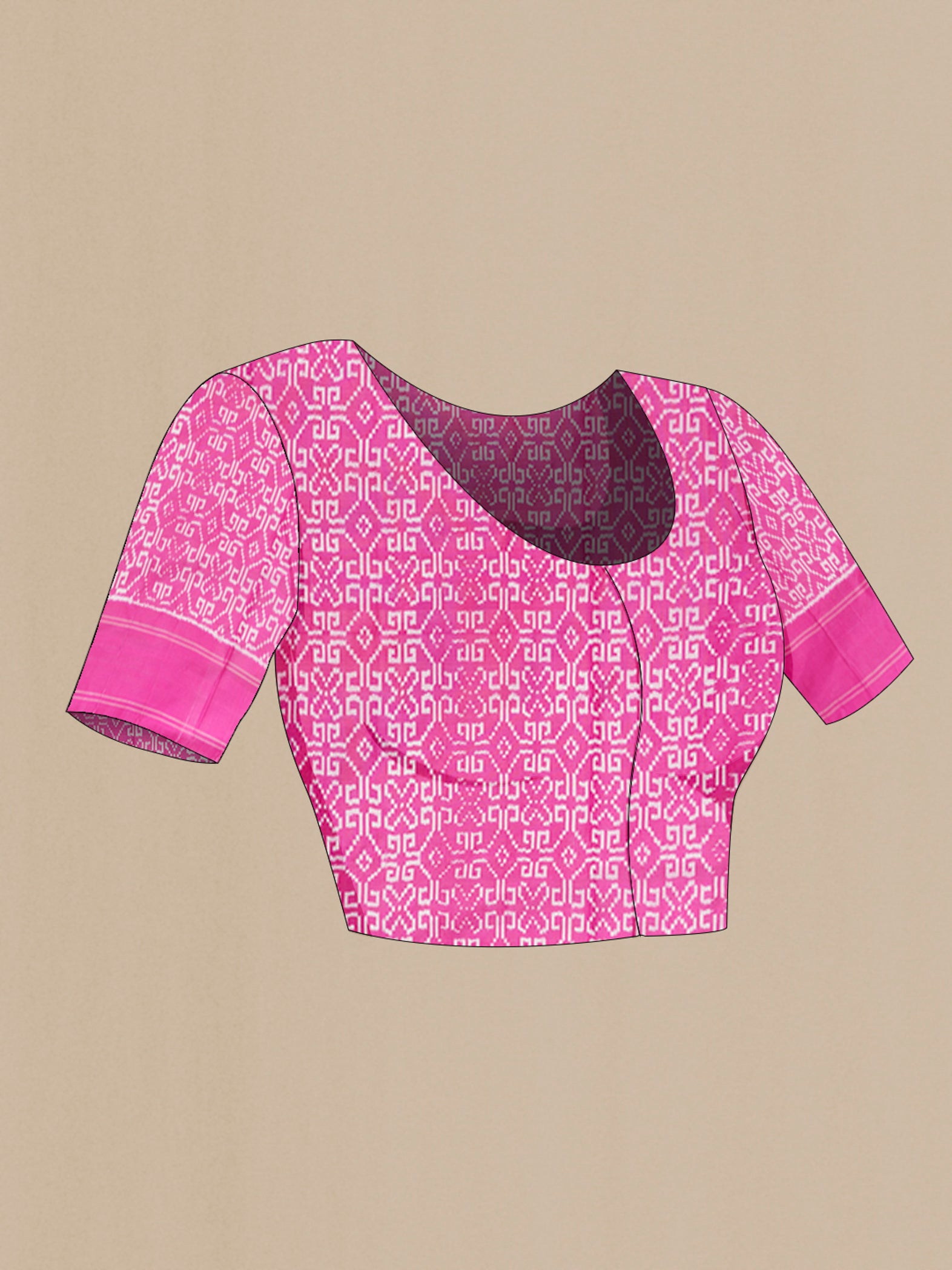 Close up image of the blouse of Multi Color Pochampally Silk Saree with Checked design on the body and Plain Border. 