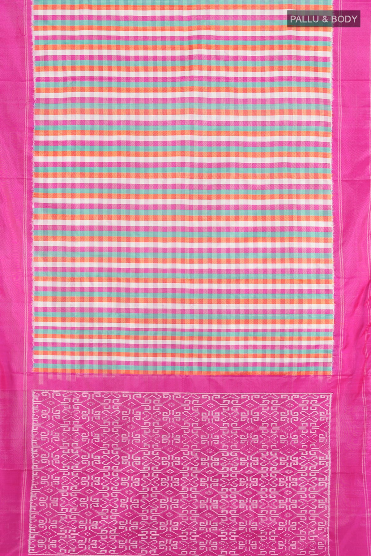 Flat view of Multi Color Pochampally Silk Saree with Checked design on the body and Plain Border. 