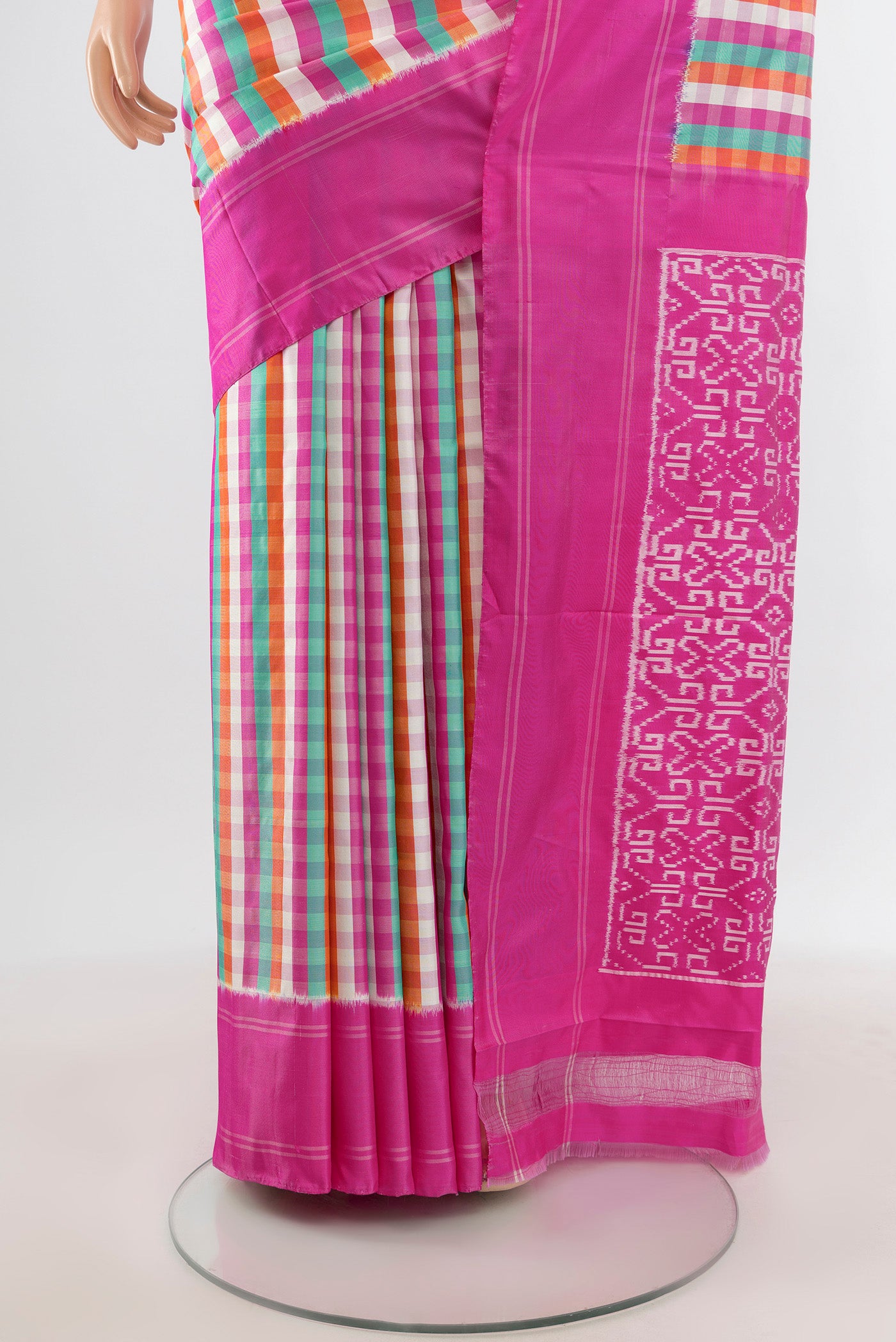 Pleats and pallu of Multi Color Pochampally Silk Saree with Checked design on the body and Plain Border. 