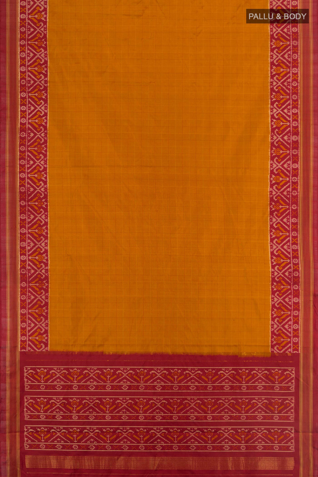 Flat view of Mustard Pochampally Silk Saree with Checked design on the body and Ikat Border. 