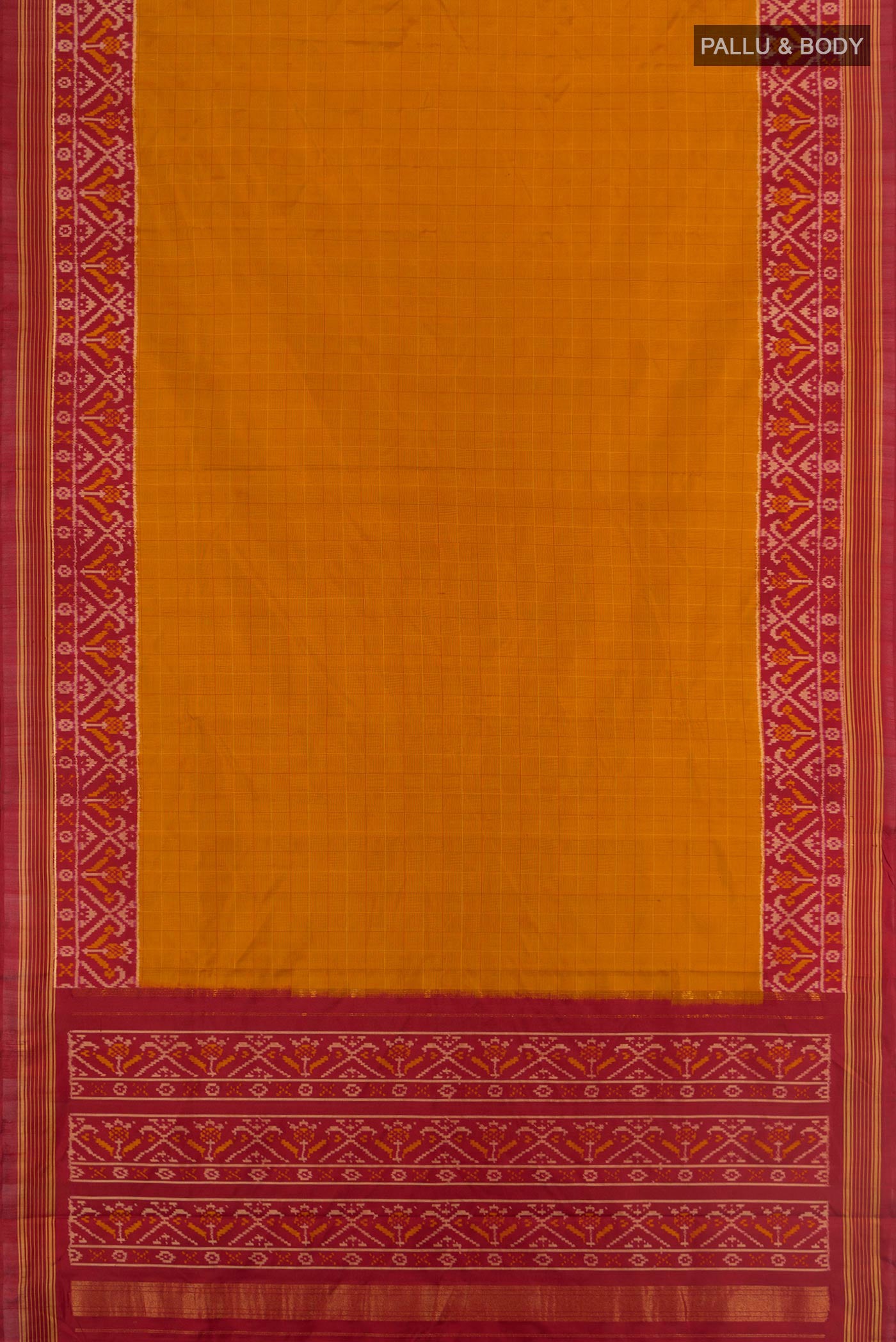 Flat view of Mustard Pochampally Silk Saree with Checked design on the body and Ikat Border. 
