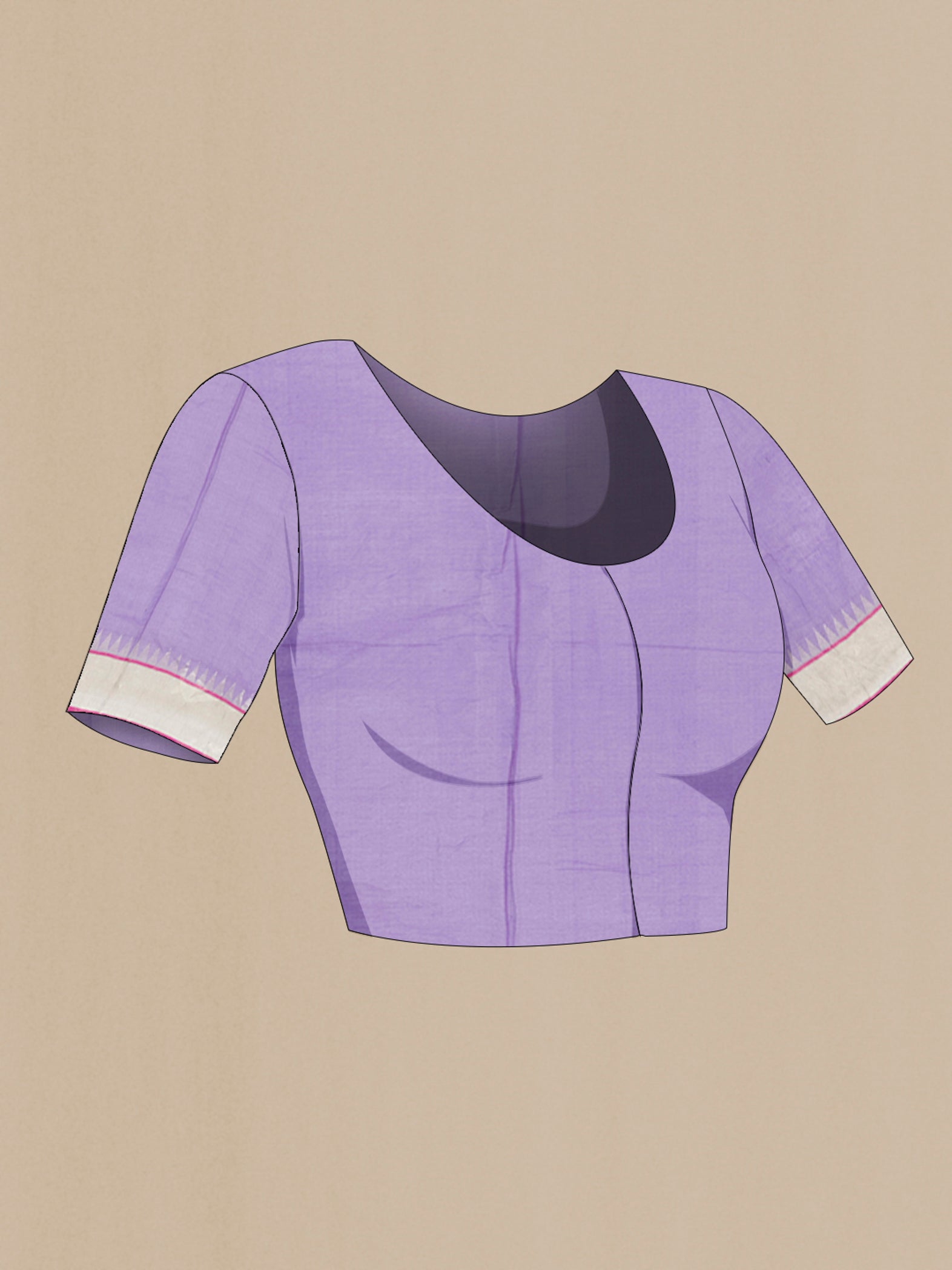 Close up image of the blouse of Pure Silk Pure Zari Violet Uppada Cotton Saree with Zari Butta on the body and Zari Border. 