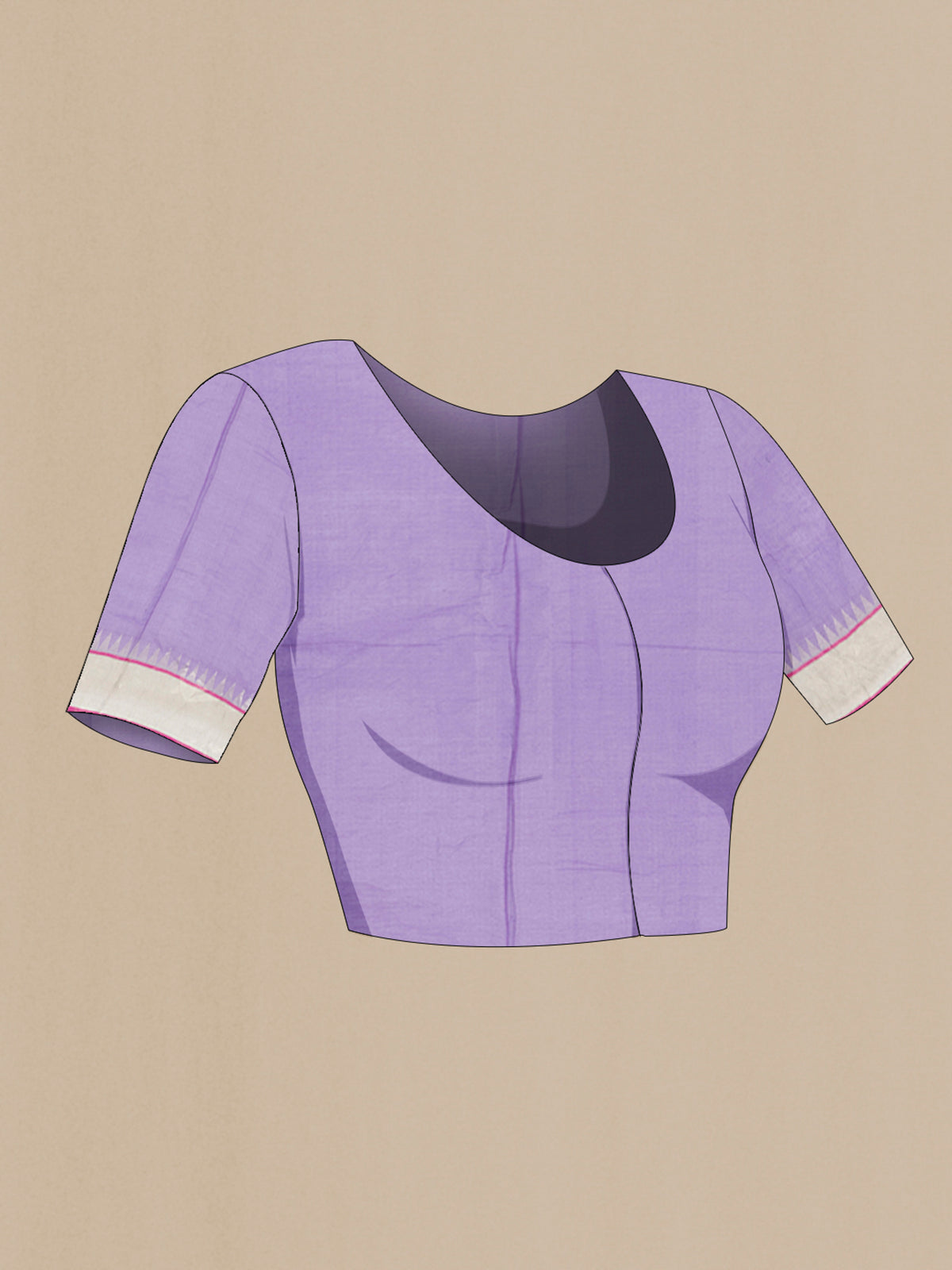 Close up image of the blouse of Pure Silk Pure Zari Violet Uppada Cotton Saree with Zari Butta on the body and Zari Border. 