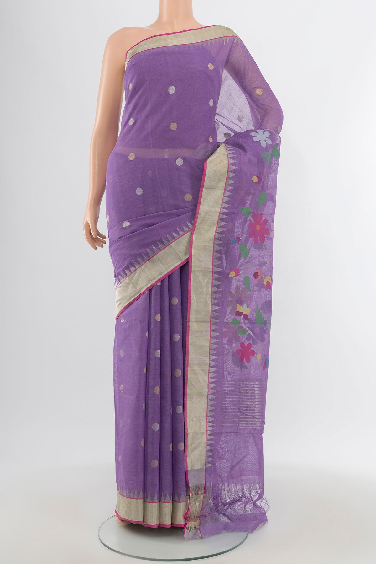 Pure Silk Pure Zari Violet Uppada Cotton Saree with Zari Butta on the body and Zari Border.  displayed on a mannequin