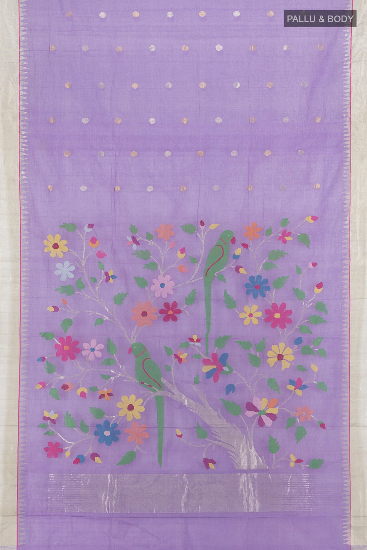 Flat view of Pure Silk Pure Zari Violet Uppada Cotton Saree with Zari Butta on the body and Zari Border. 