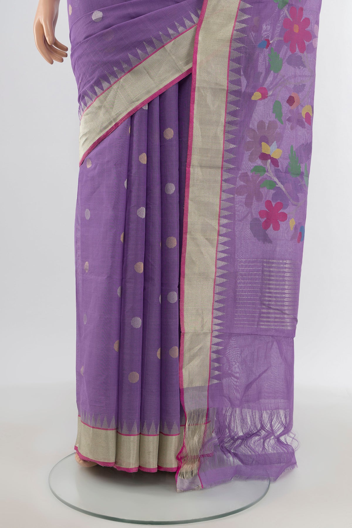Pleats and pallu of Pure Silk Pure Zari Violet Uppada Cotton Saree with Zari Butta on the body and Zari Border. 