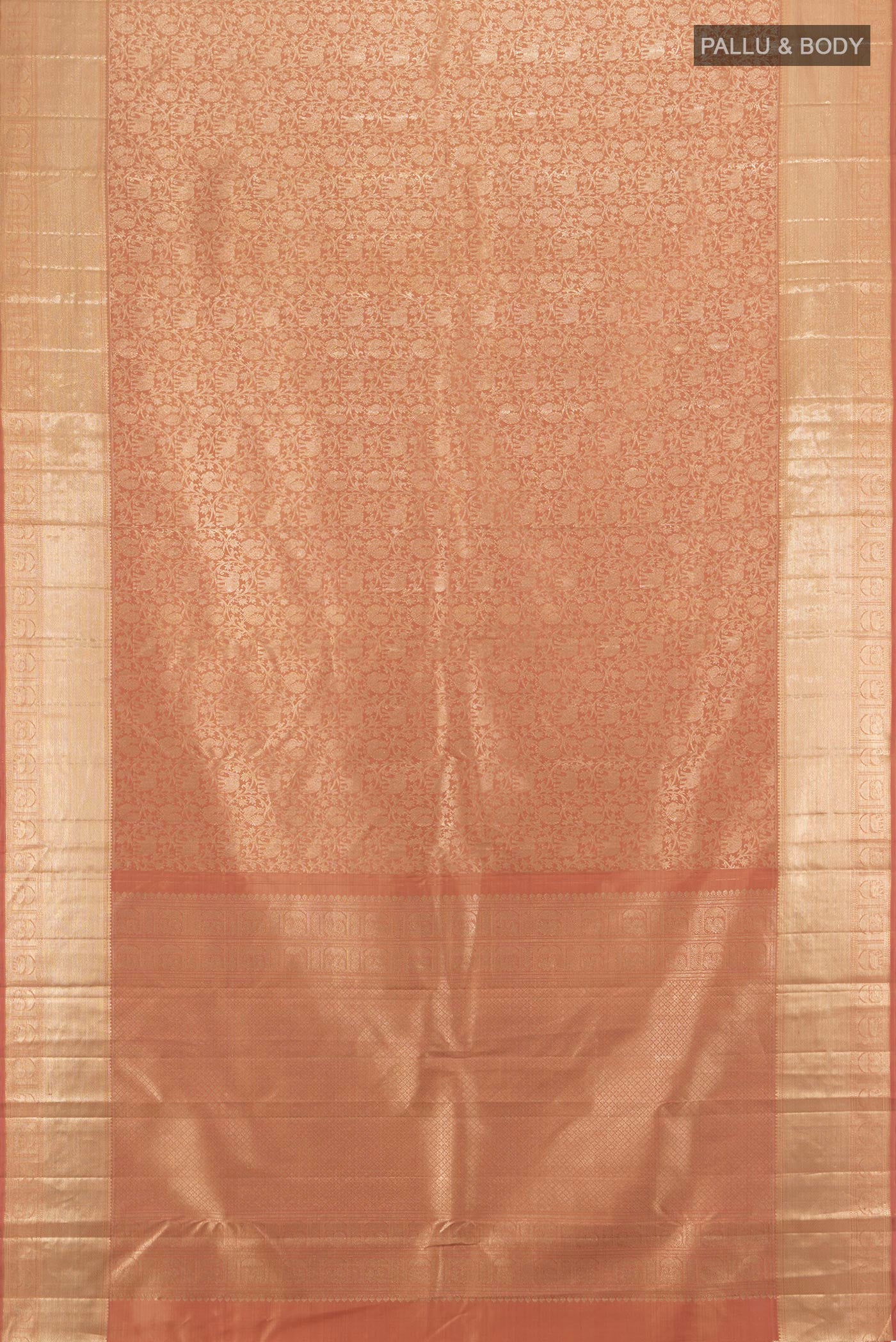 Flat view of Bronze Kanchipuram Silk Saree with Zari Brocade on the body and Zari Border. 