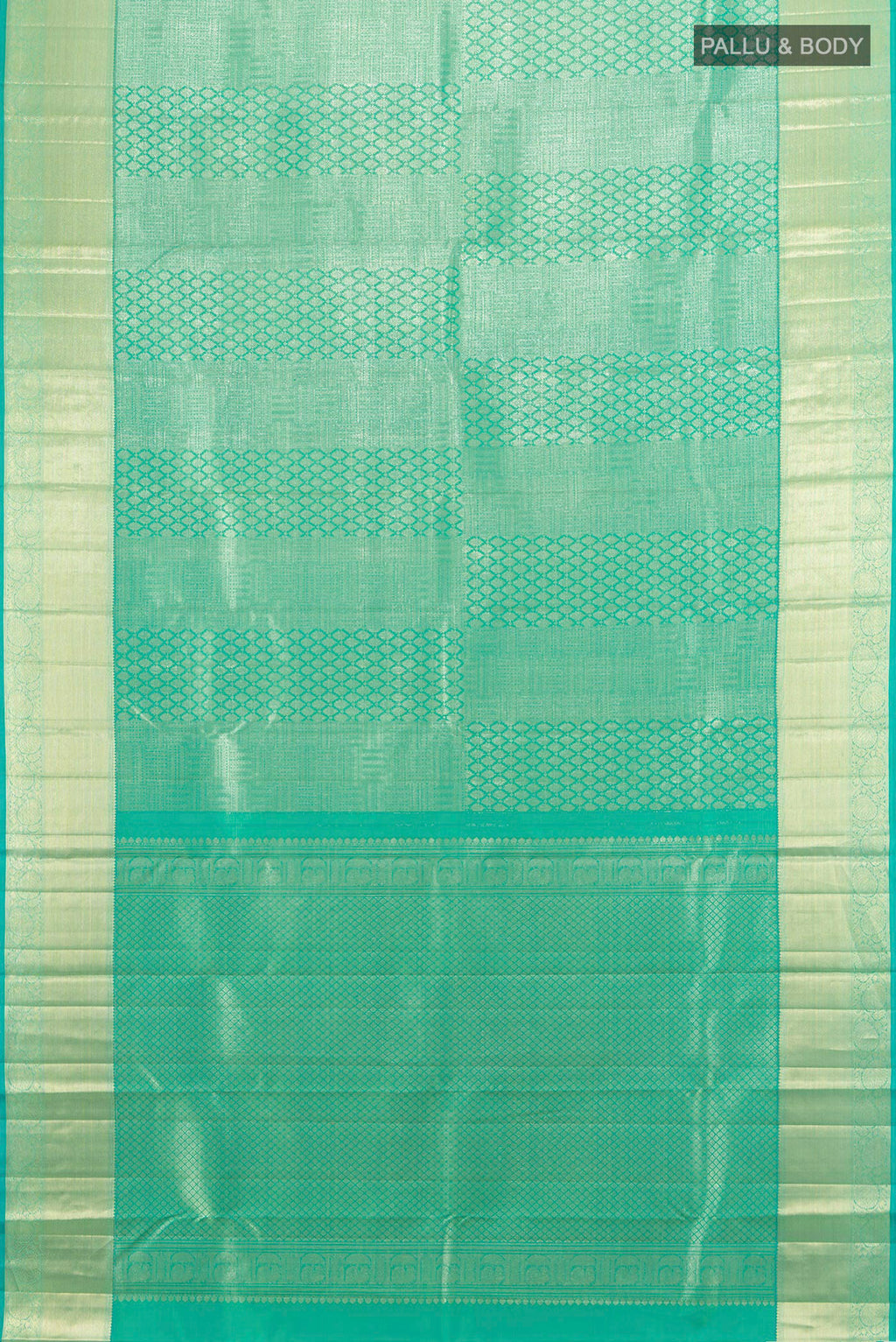 Flat view of Pure Silk Sea Green Kanchipuram Saree with Zari Brocade on the body and Zari Border. 