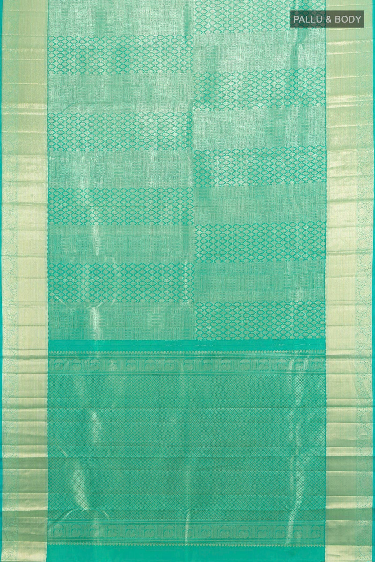 Flat view of Pure Silk Sea Green Kanchipuram Saree with Zari Brocade on the body and Zari Border. 