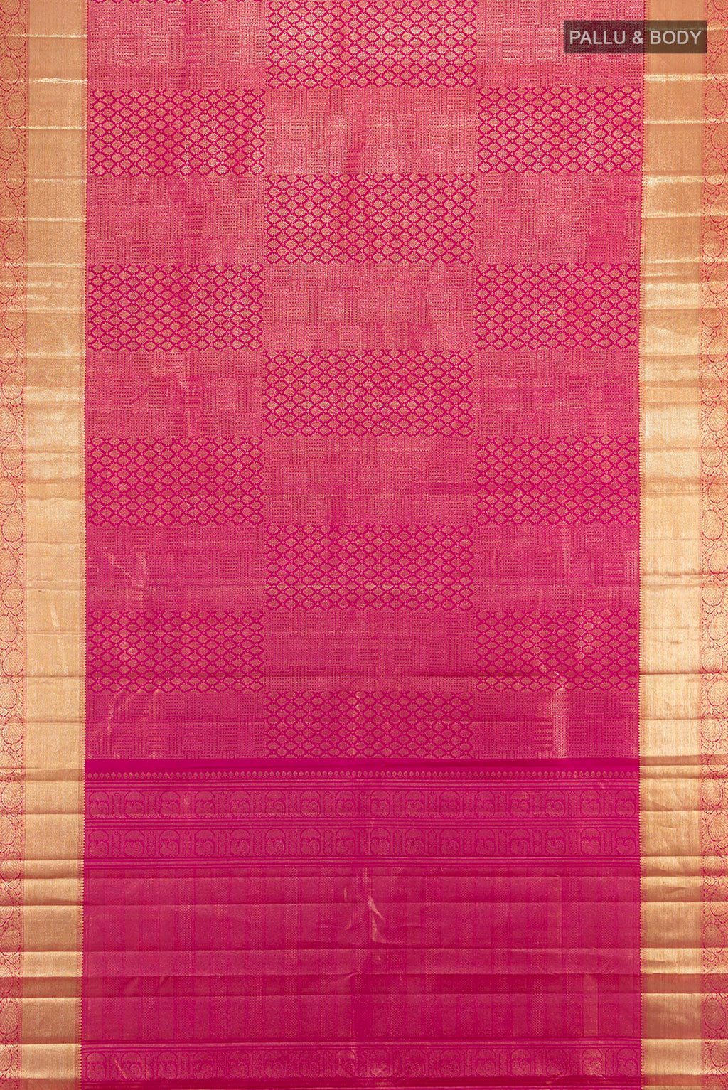 Flat view of Pink Kanchipuram Silk Saree with Zari Brocade on the body and Zari Border. 