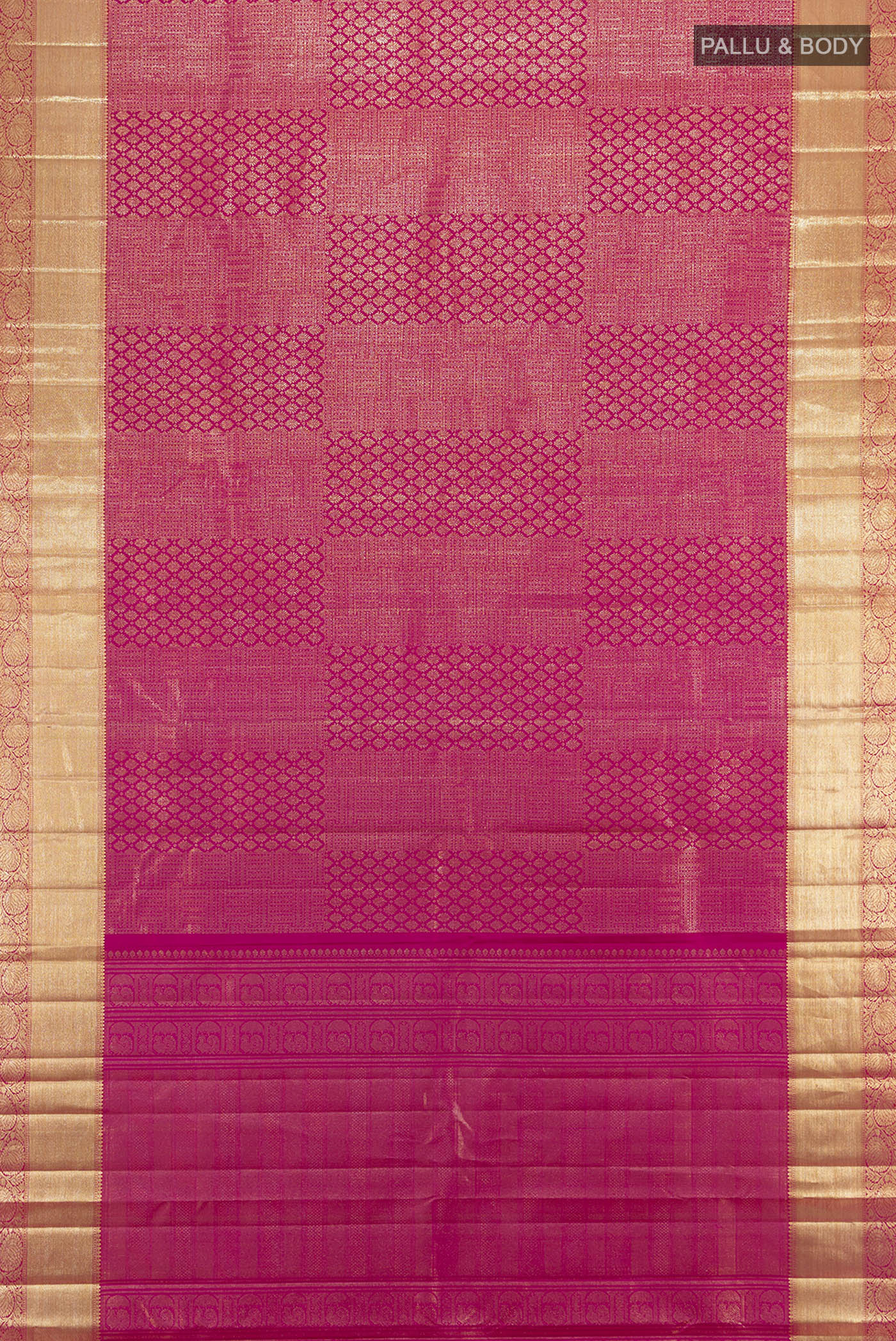 Flat view of Pink Kanchipuram Silk Saree with Zari Brocade on the body and Zari Border. 