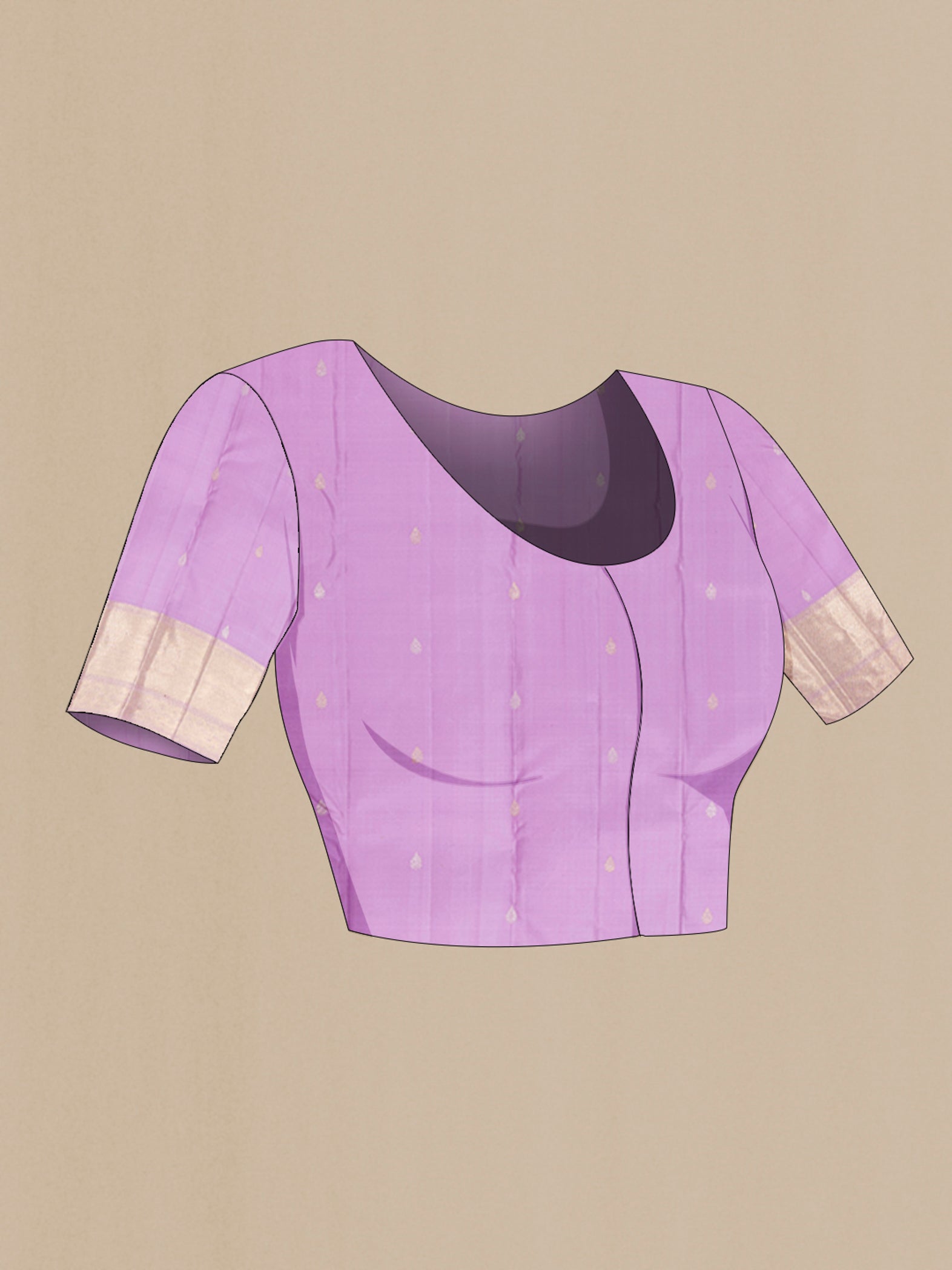 Close up image of the blouse of Lavender Kanchipuram Silk Saree with Zari Brocade on the body and Zari Border. 