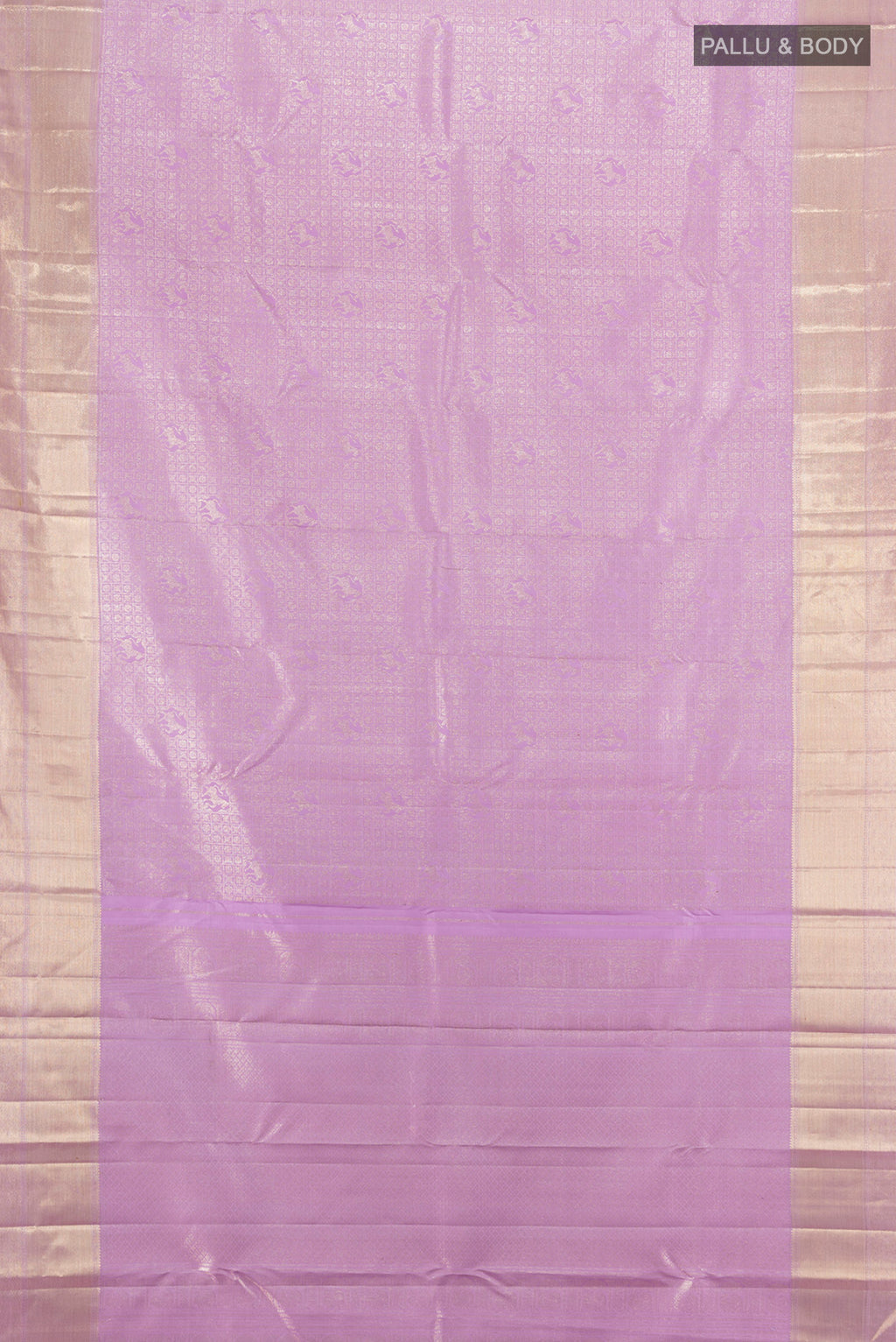 Flat view of Lavender Kanchipuram Silk Saree with Zari Brocade on the body and Zari Border. 