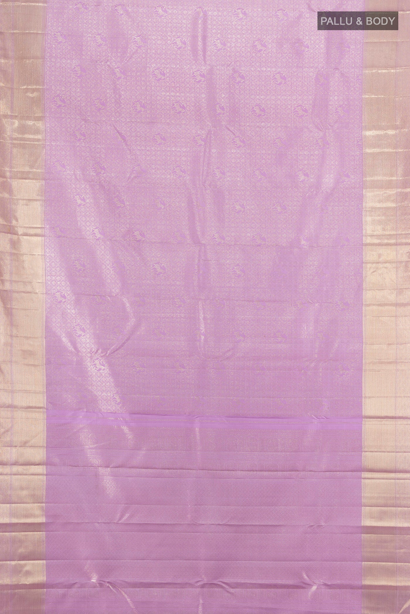 Flat view of Lavender Kanchipuram Silk Saree with Zari Brocade on the body and Zari Border. 