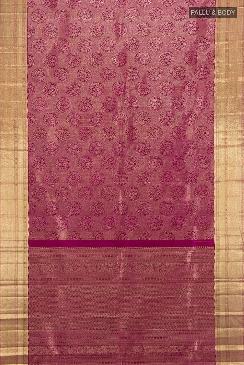 Flat view of Magenta Kanchipuram Silk Saree with Zari Brocade on the body and Zari Border. 