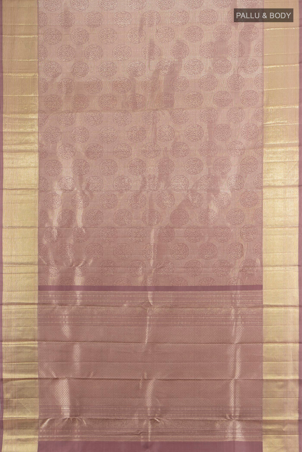 Flat view of Pure Silk Bronze Kanchipuram Saree with Zari Butta on the body and Silk Border. 