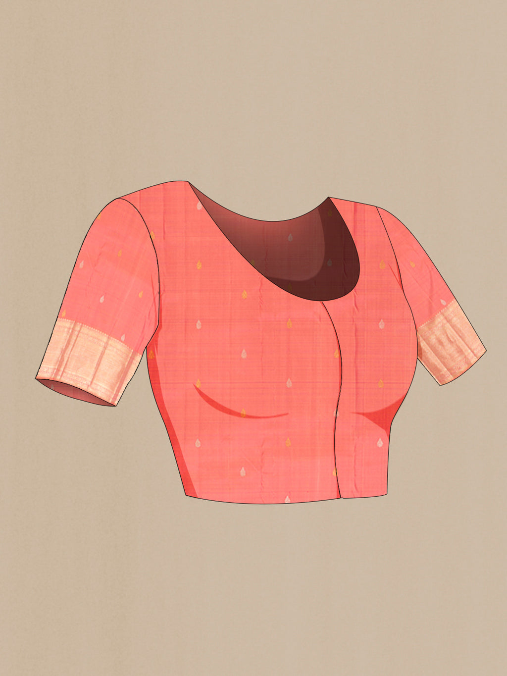 Close up image of the blouse of Peach Kanchipuram Silk Saree with Zari Brocade on the body and Zari Border. 