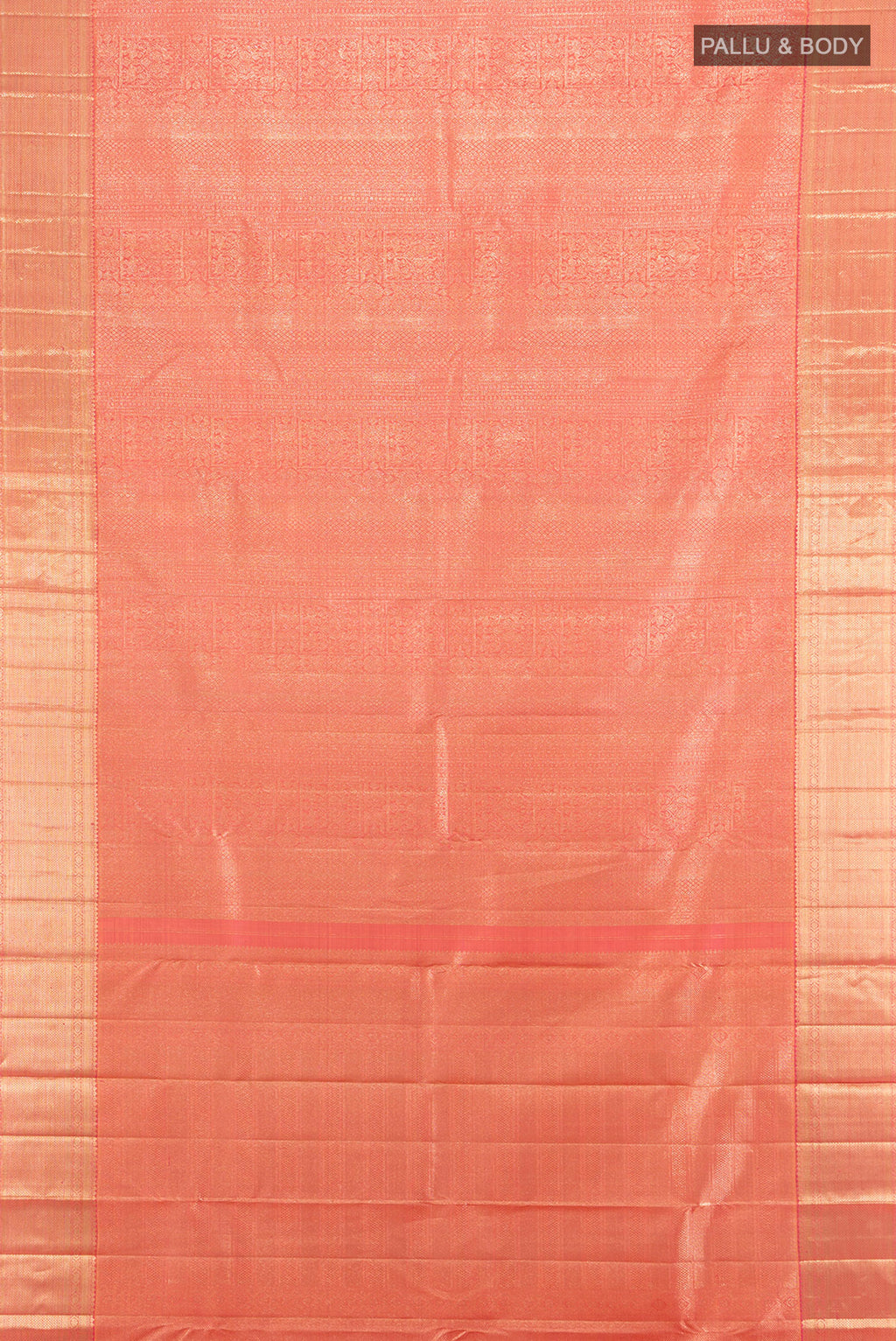 Flat view of Peach Kanchipuram Silk Saree with Zari Brocade on the body and Zari Border. 