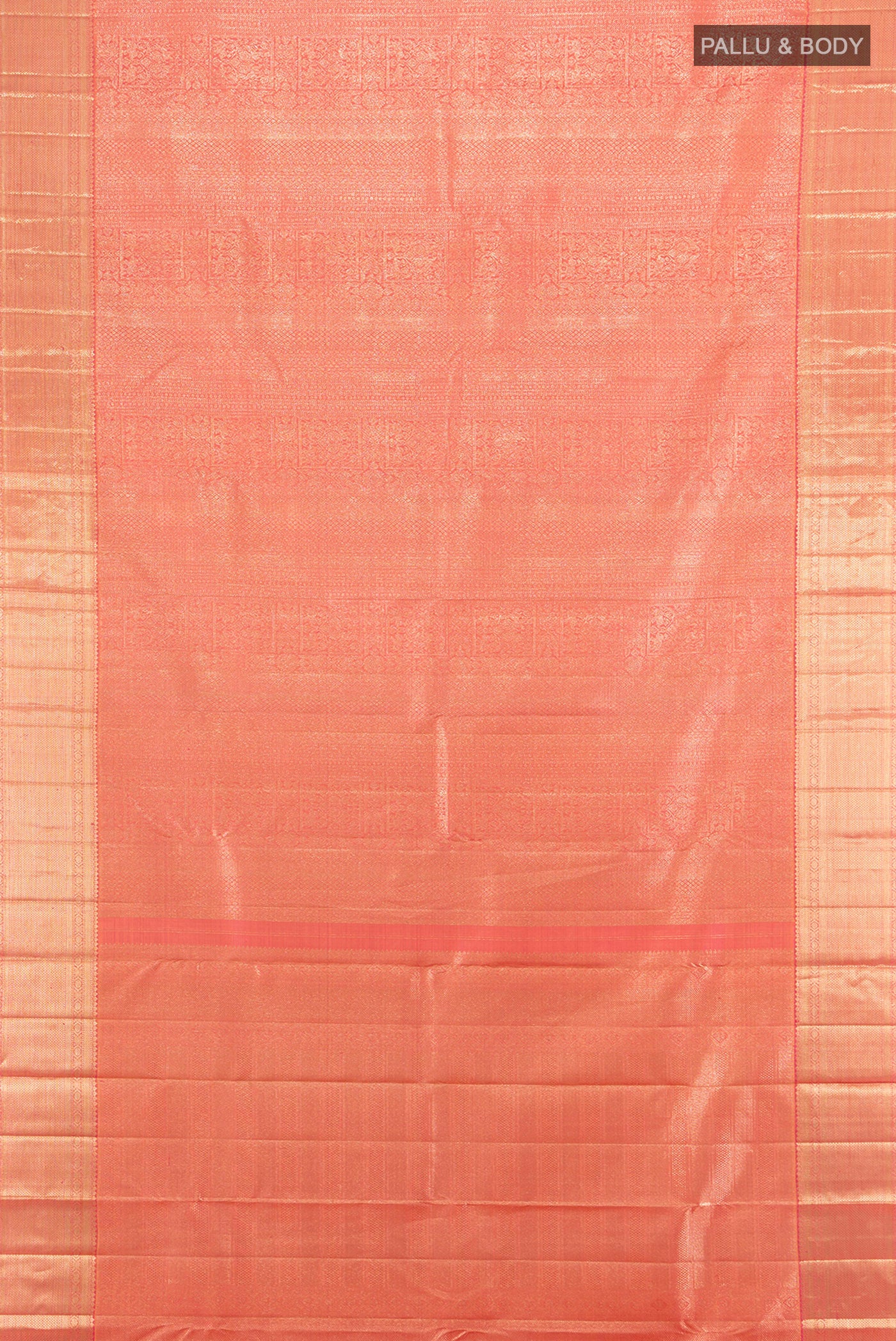 Flat view of Peach Kanchipuram Silk Saree with Zari Brocade on the body and Zari Border. 
