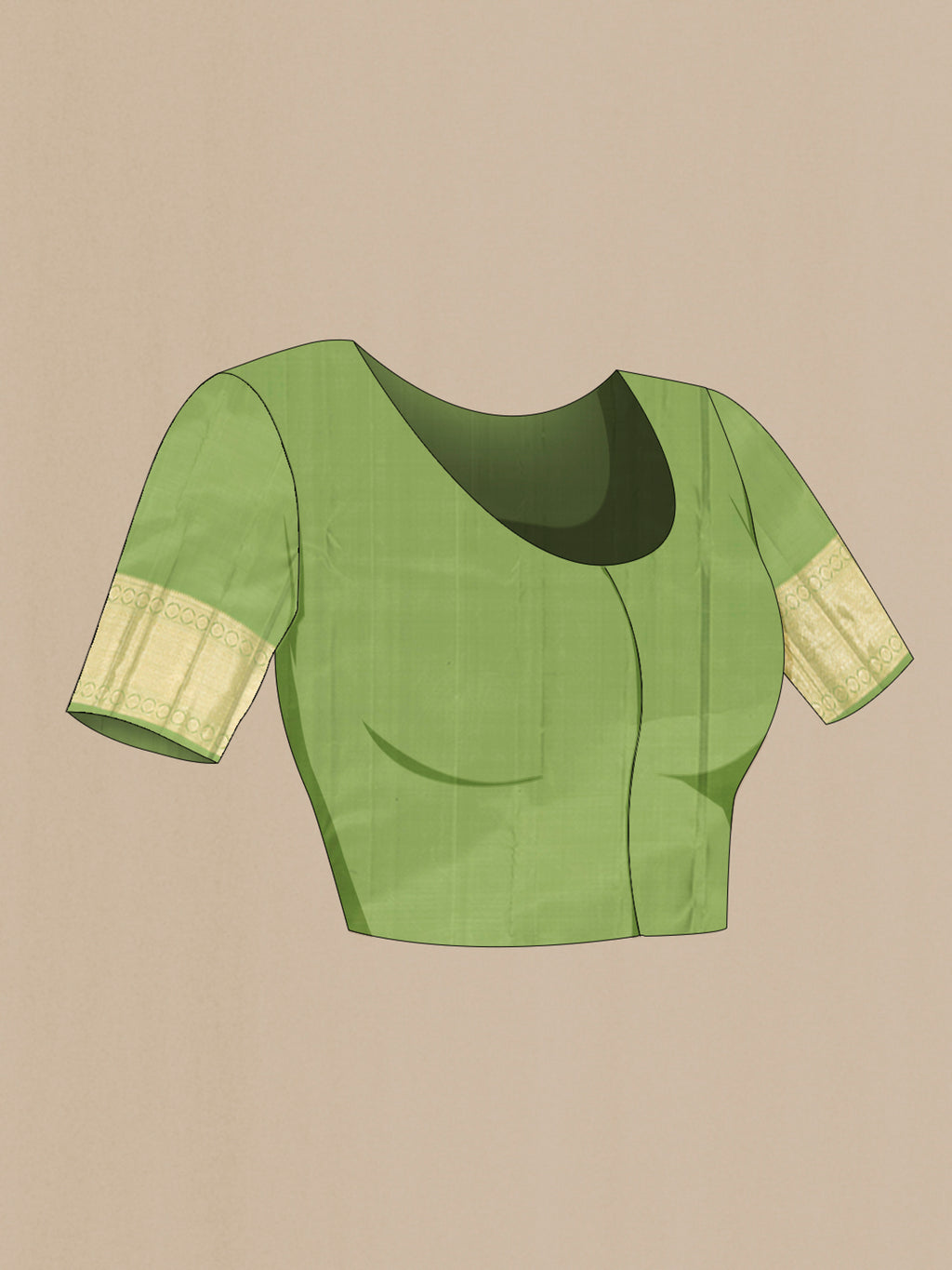 Close up image of the blouse of Sage Green Kanchipuram Silk Saree with Zari Brocade on the body and Zari Border. 