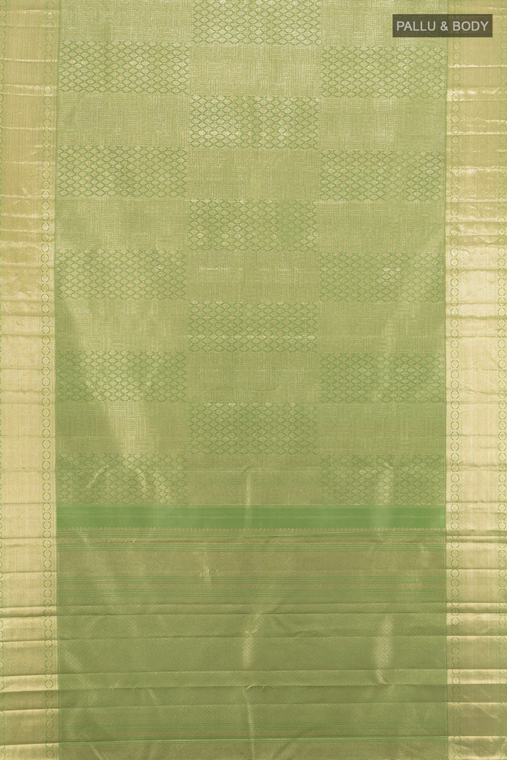 Flat view of Sage Green Kanchipuram Silk Saree with Zari Brocade on the body and Zari Border. 