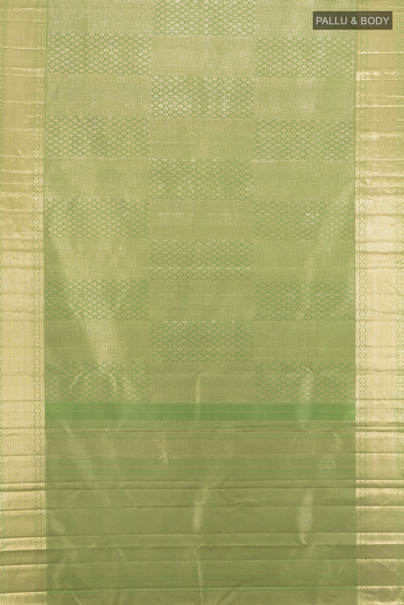 Flat view of Sage Green Kanchipuram Silk Saree with Zari Brocade on the body and Zari Border. 