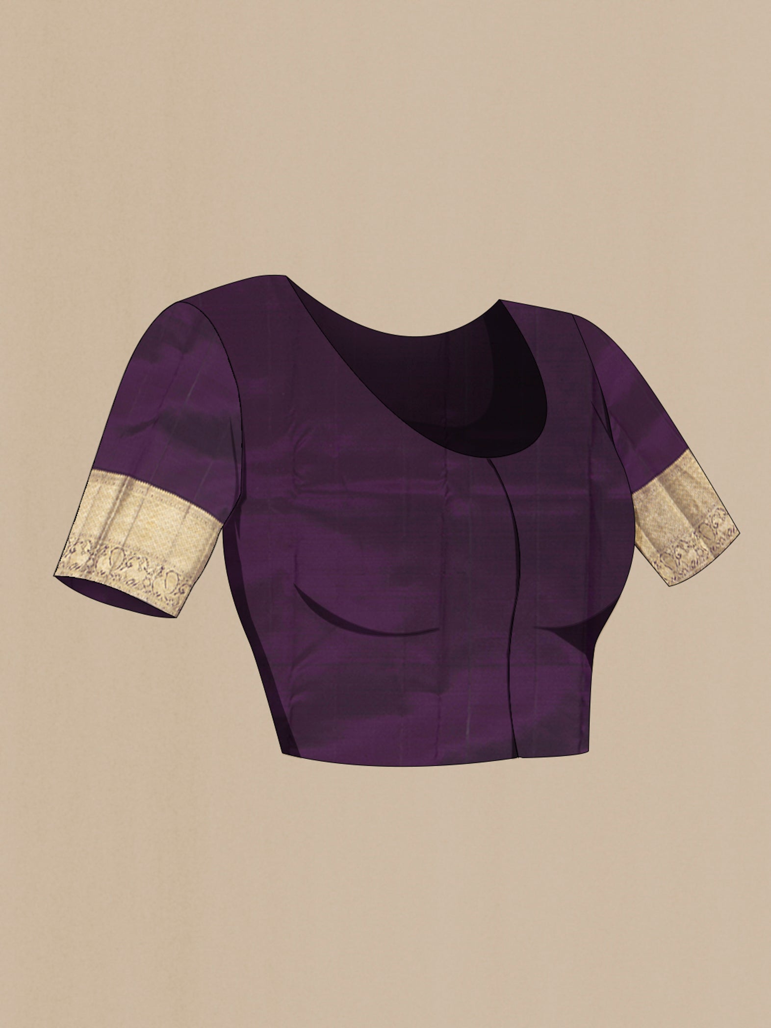 Close up image of the blouse of Violet Kanchipuram Silk Saree with Zari Brocade on the body and Zari Border. 