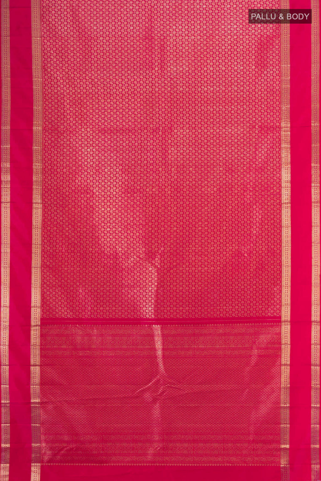 Flat view of Dark Pink Kanchipuram Silk Saree with Zari Brocade on the body and Zari Border. 