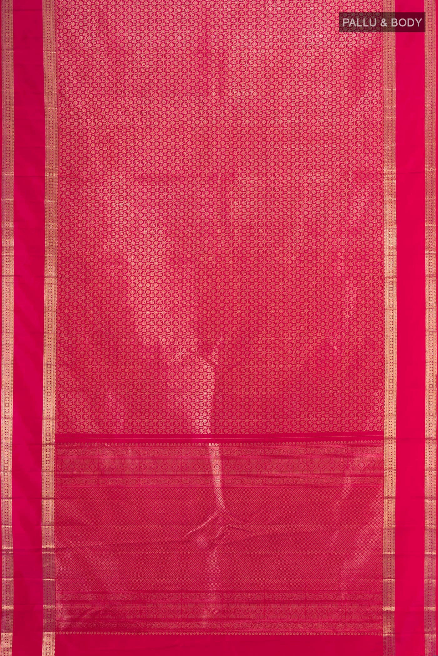 Flat view of Dark Pink Kanchipuram Silk Saree with Zari Brocade on the body and Zari Border. 