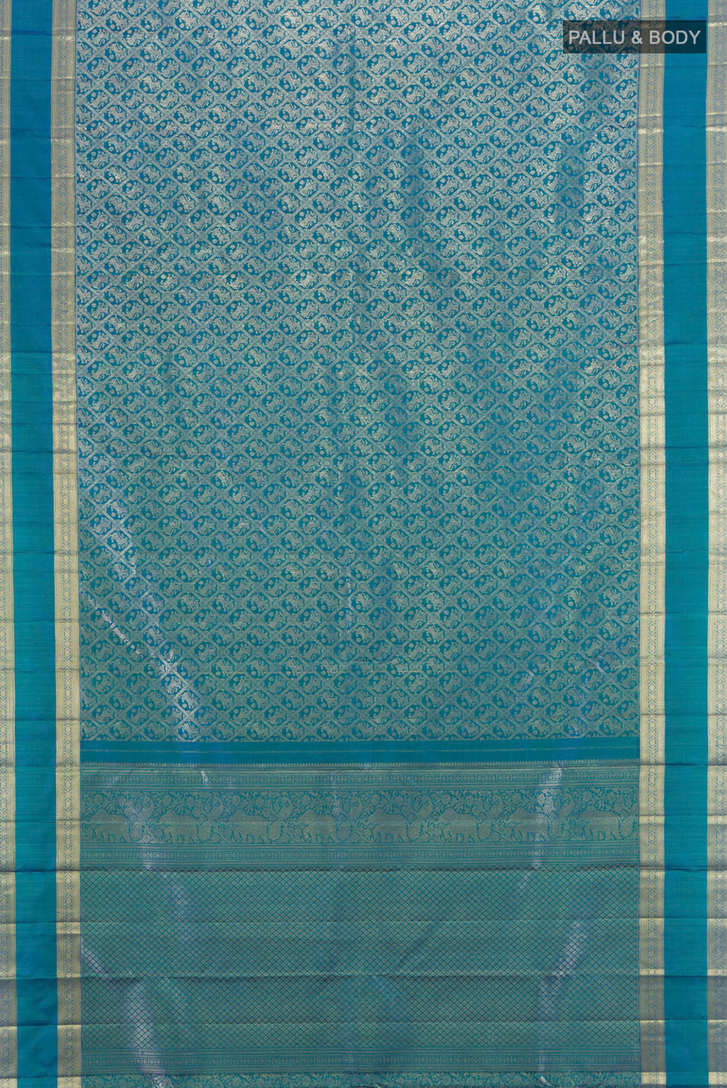 Flat view of Peacock Blue Kanchipuram Silk Saree with Zari Butta on the body and Zari Border. 