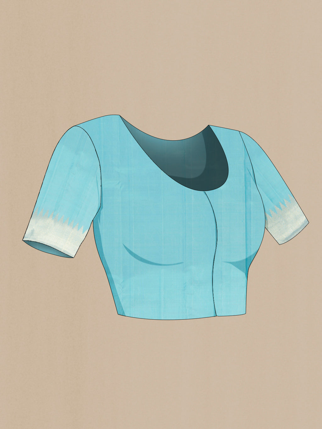 Close up image of the blouse of Pure Silk Sky Blue Kanchipuram Saree with Zari Butta on the body and Zari Border. 