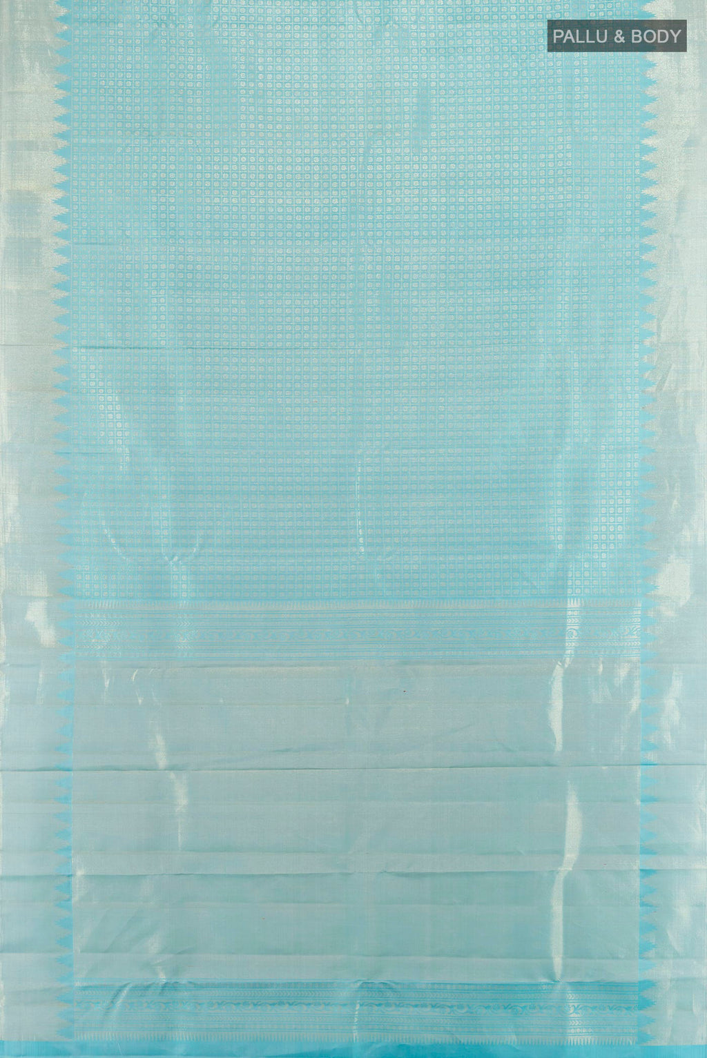 Flat view of Pure Silk Sky Blue Kanchipuram Saree with Zari Butta on the body and Zari Border. 