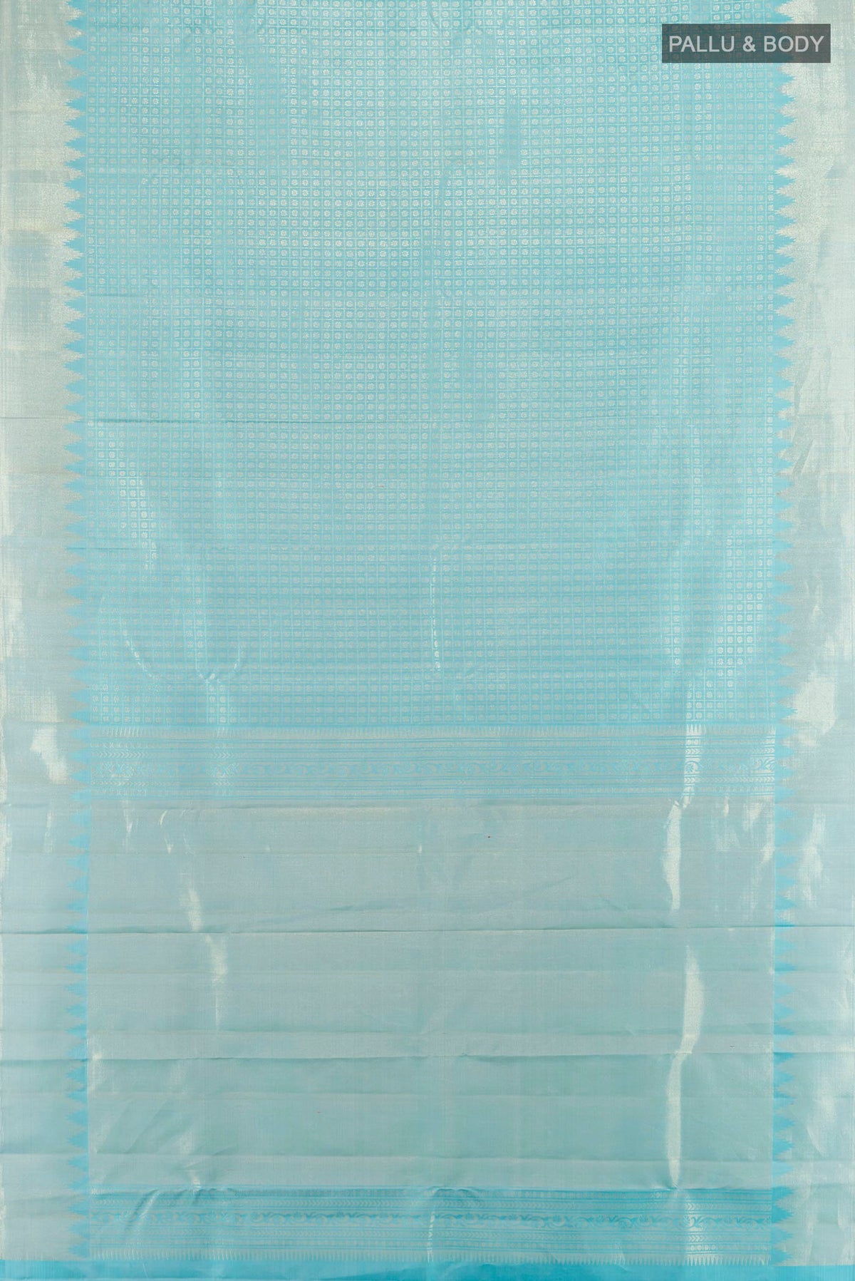 Flat view of Pure Silk Sky Blue Kanchipuram Saree with Zari Butta on the body and Zari Border. 