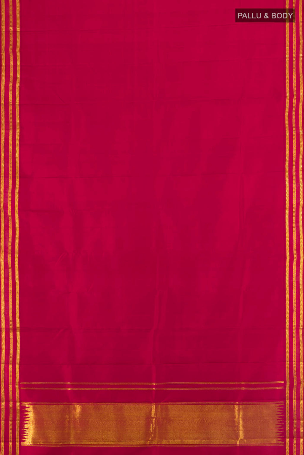 Flat view of Maroon Kanchipuram Silk Saree with Plain Body and Zari Border. 