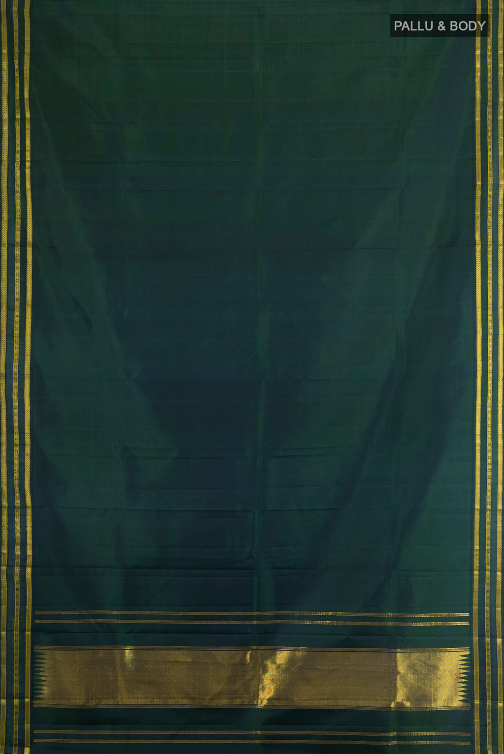 Flat view of Bottle Green Kanchipuram Silk Saree with Plain Body and Zari Border. 