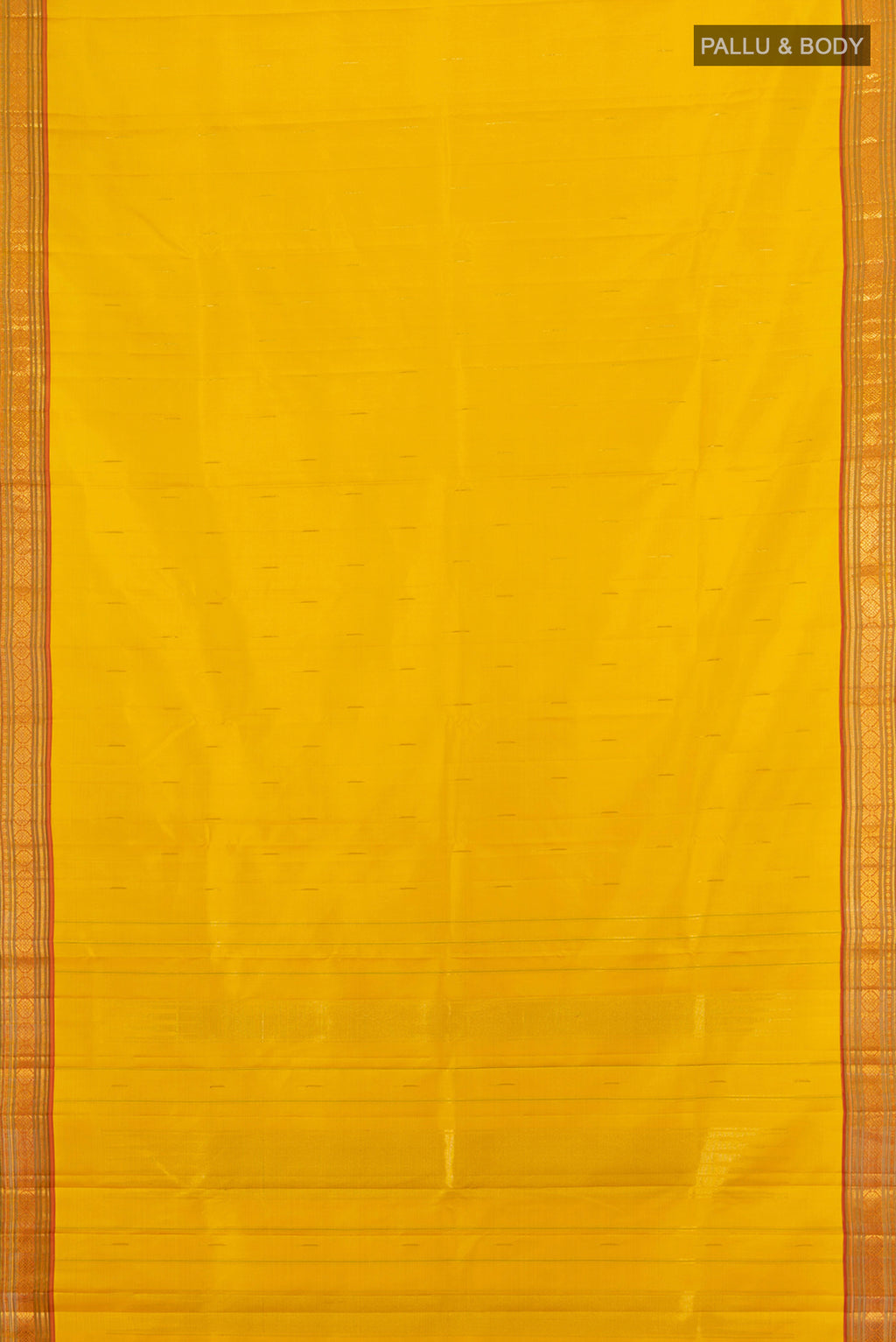 Flat view of Yellow Kanjivaram Silk Saree with Plain Body and Zari Border. 