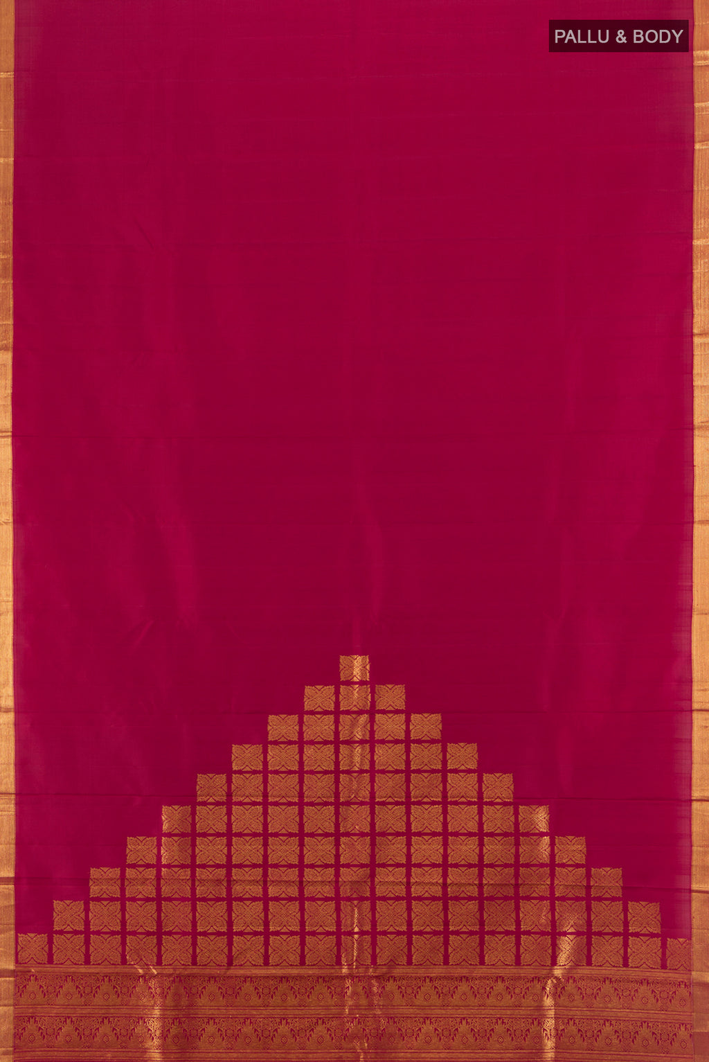 Flat view of Pure Silk Pure Zari Maroon Kanjivaram Saree with Plain Body and Zari Border. 