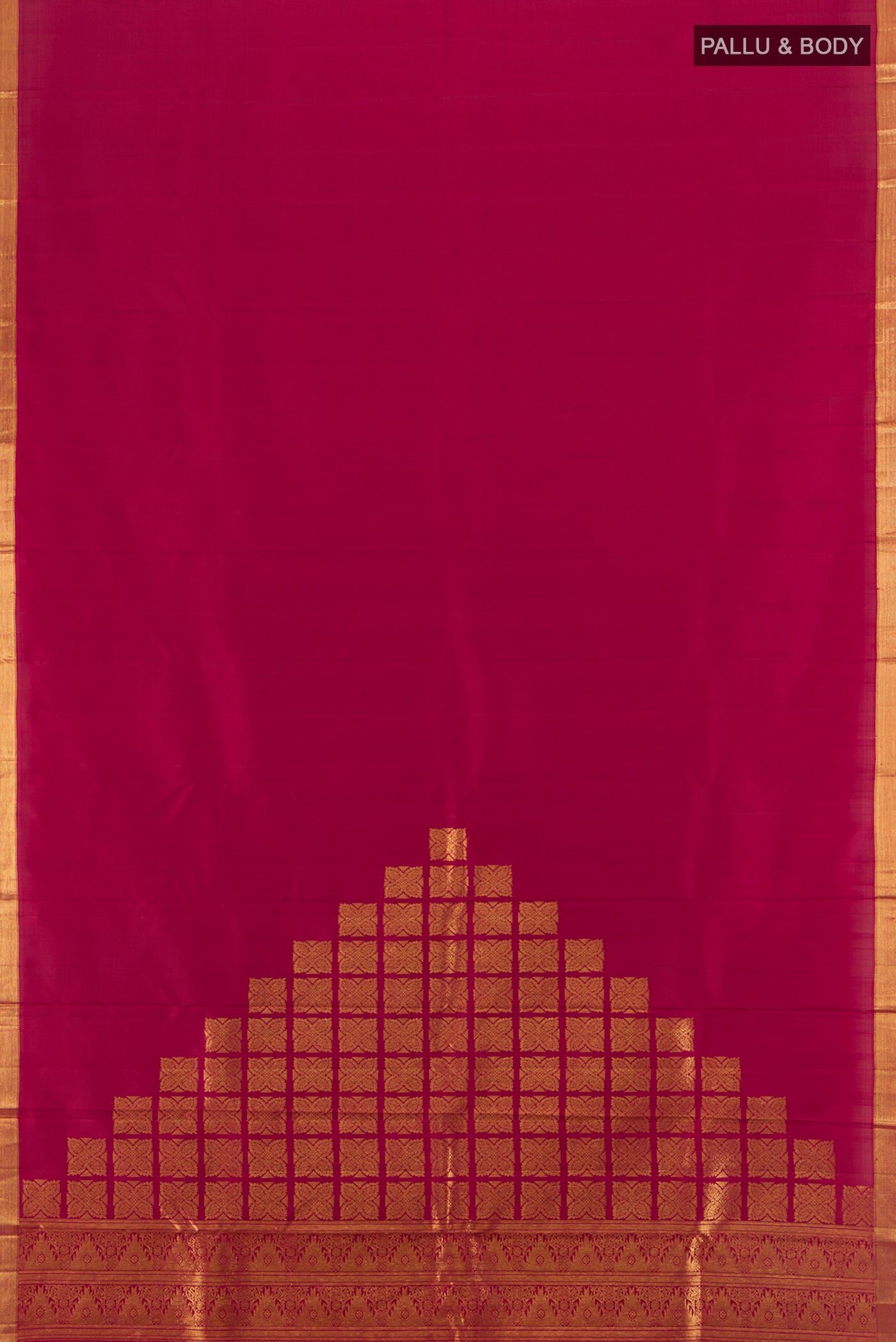 Flat view of Pure Silk Pure Zari Maroon Kanjivaram Saree with Plain Body and Zari Border. 