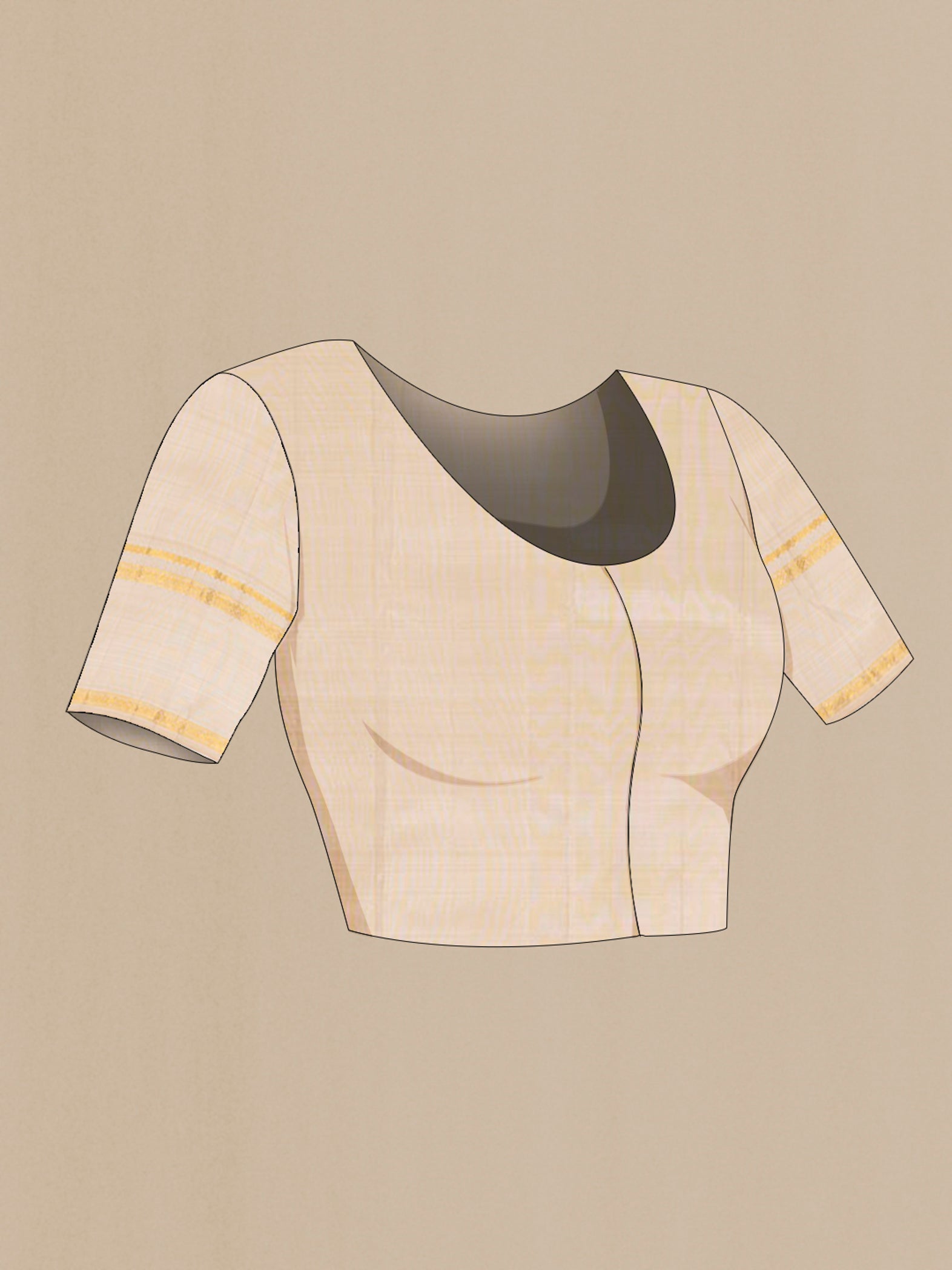 Close up image of the blouse of Cream Kanchipuram Silk Saree with Zari Butta on the body and Zari Border. 