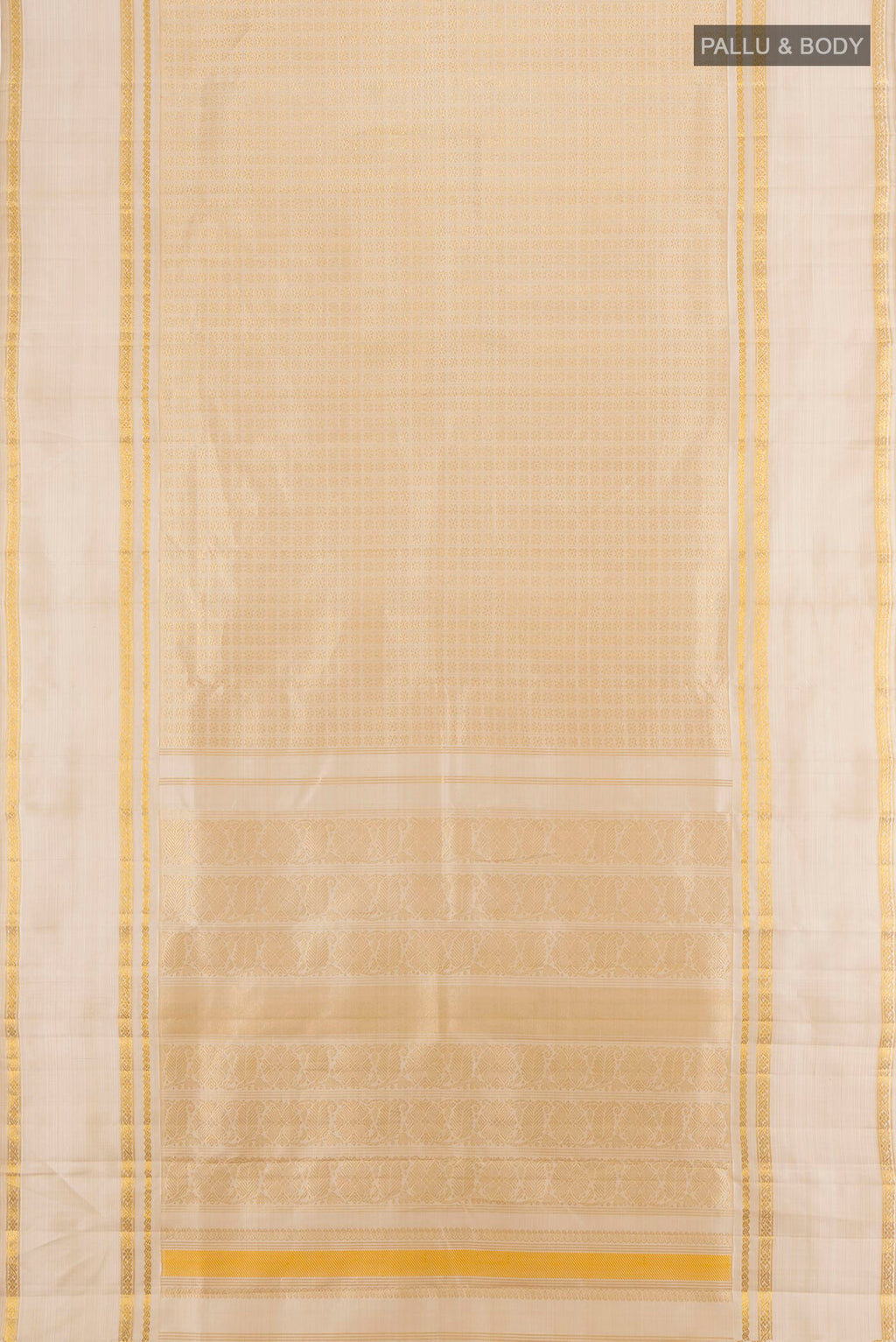 Flat view of Cream Kanchipuram Silk Saree with Zari Butta on the body and Zari Border. 