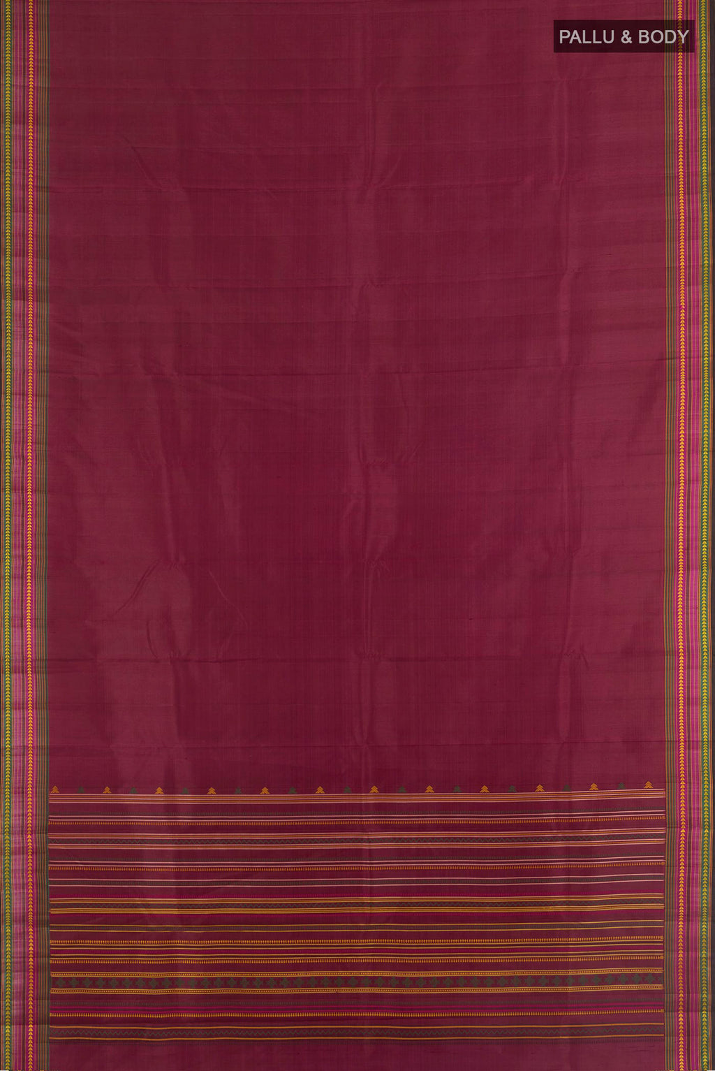 Flat view of Pure Silk Maroon Kanchipuram Saree with Plain Body and Thread Border. 