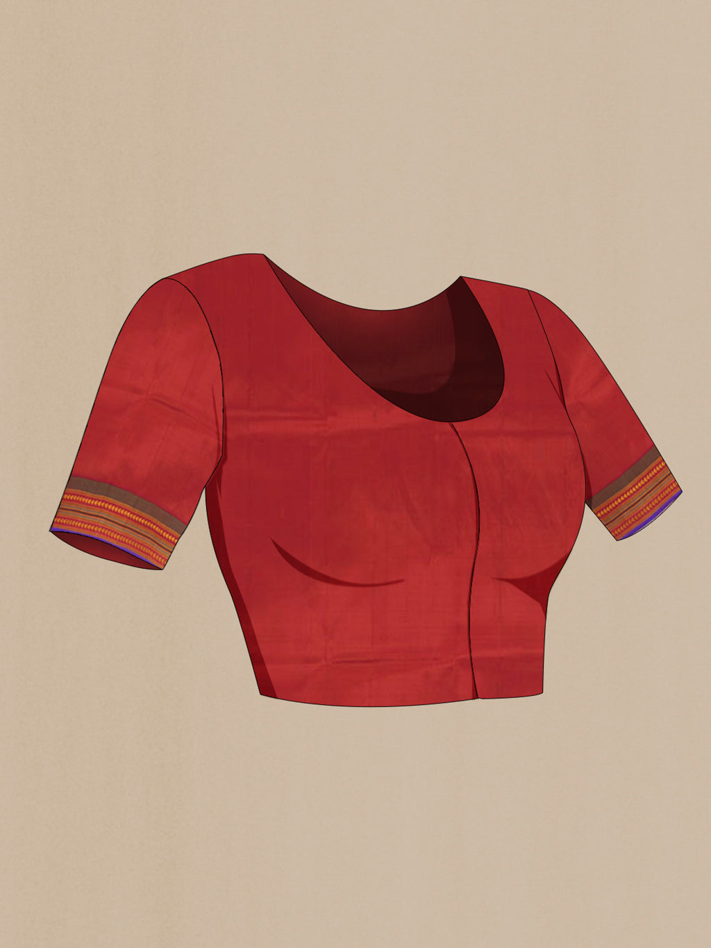 Close up image of the blouse of Rust Kanchipuram Silk Saree with Plain Body and Thread Border. 