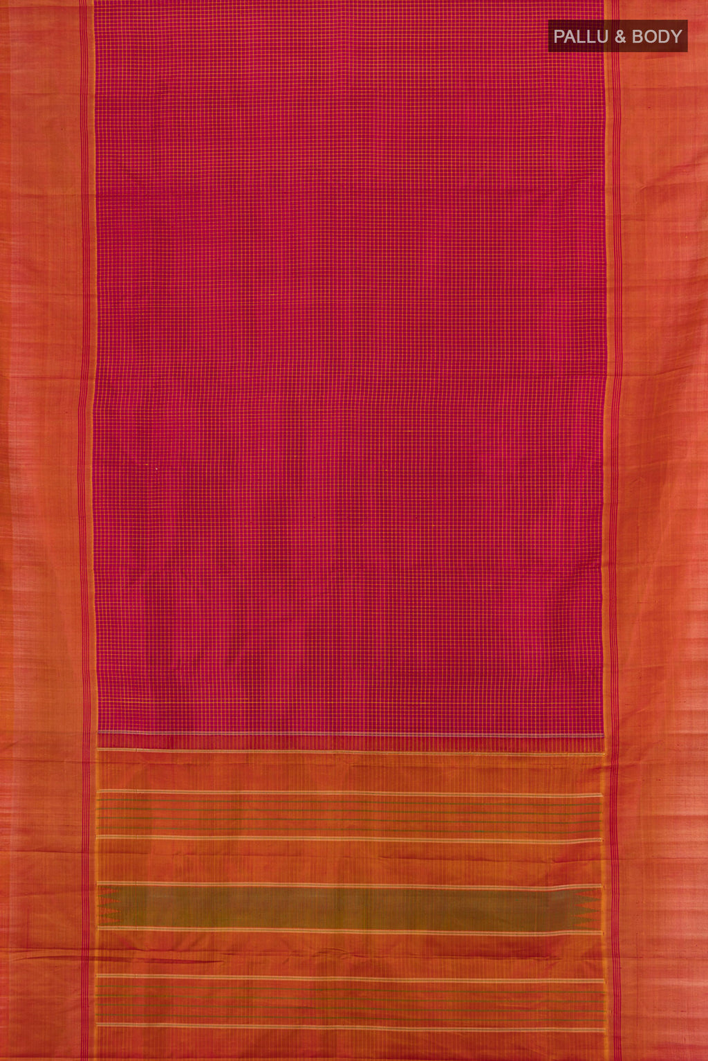 Flat view of Maroon Kanchipuram Silk Saree with Checked design on the body and Thread Border. 